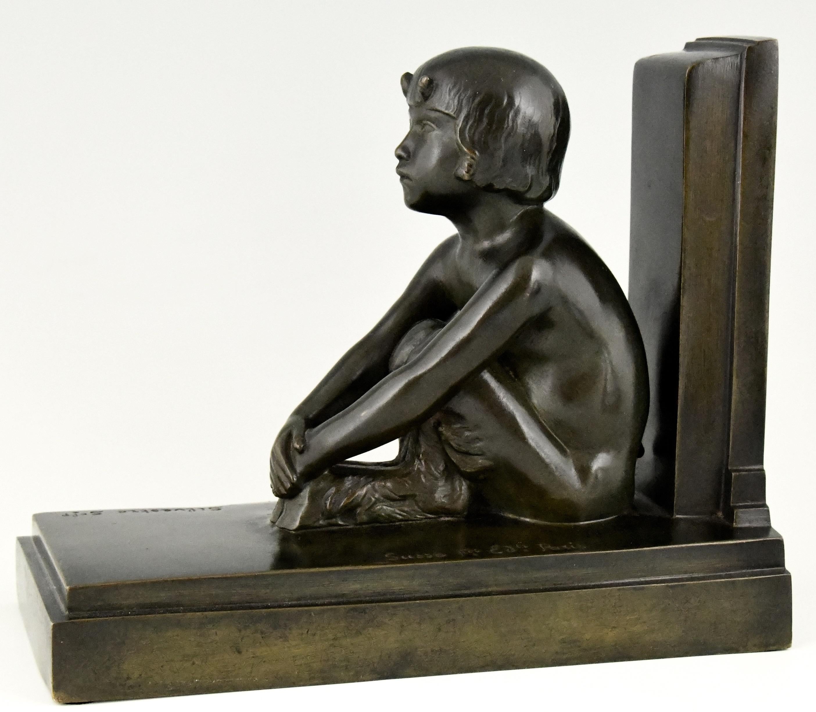 Early 20th Century Art Deco Bronze Bookends Boy and Girl Satyr Paul Silvestre, France, 1920