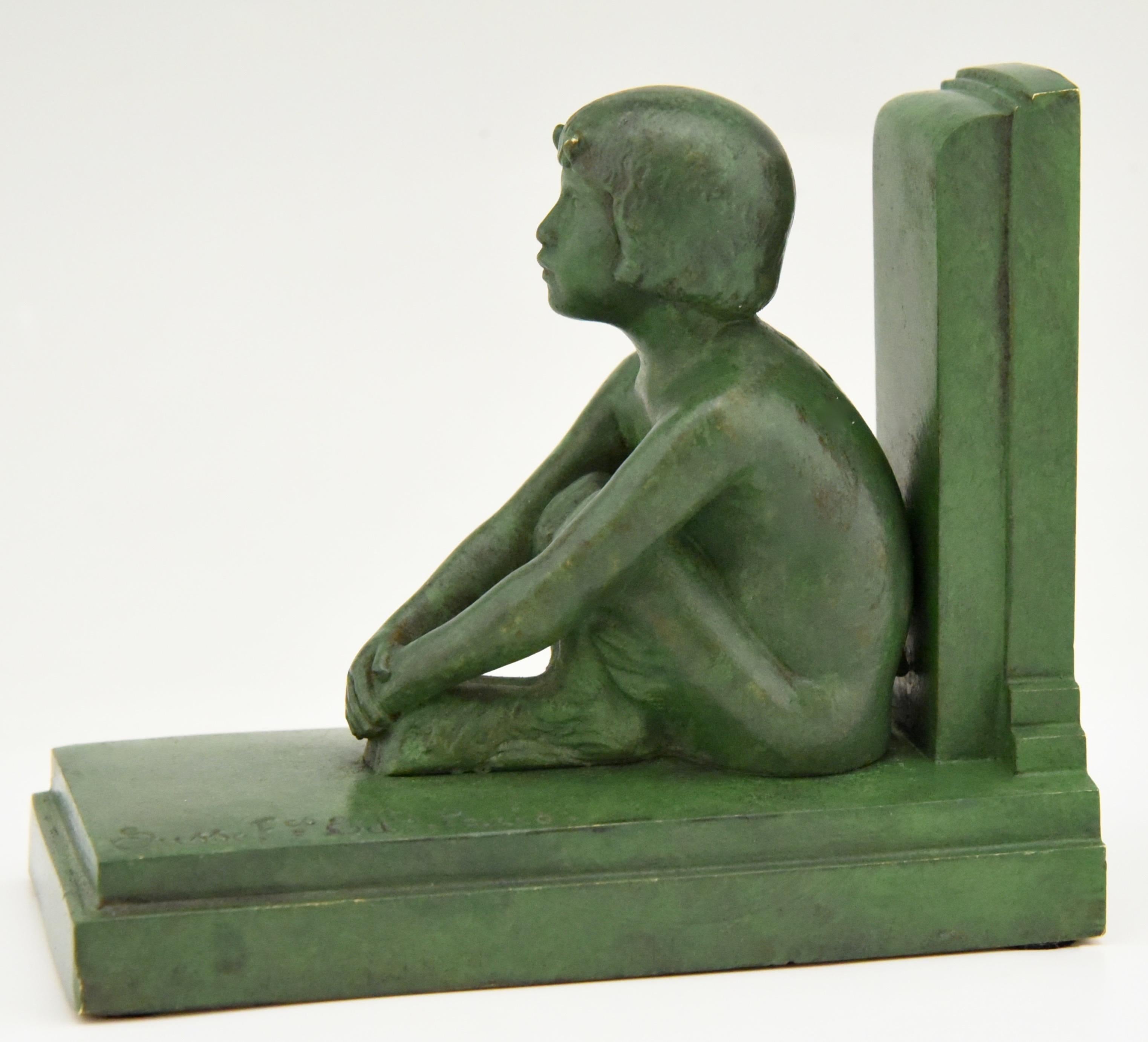 Art Deco Bronze Bookends Boy and Girl Satyr Paul Silvestre, France, 1920 2