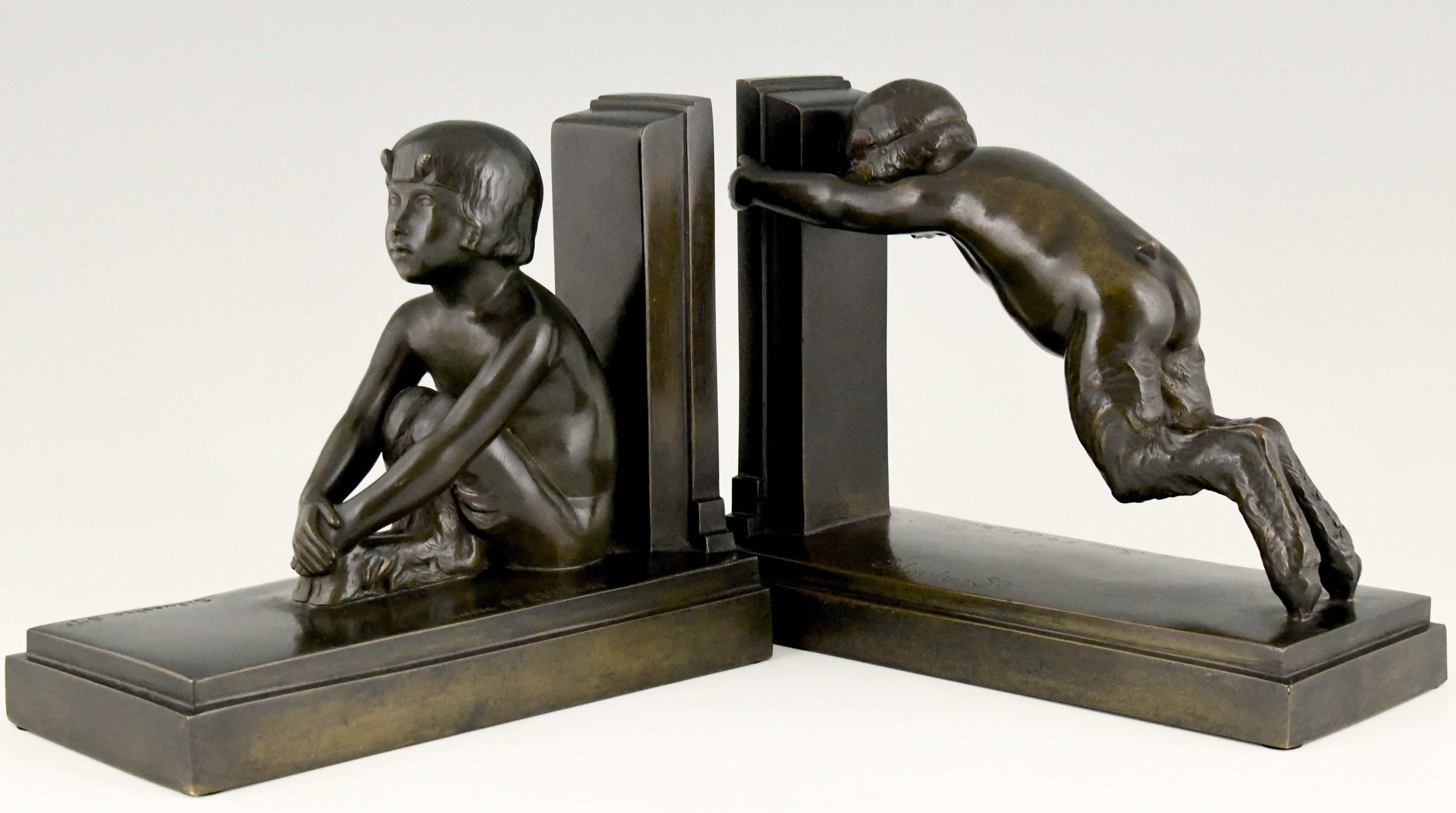 Art Deco Bronze Bookends Boy and Girl Satyr Paul Silvestre, France, 1920 2