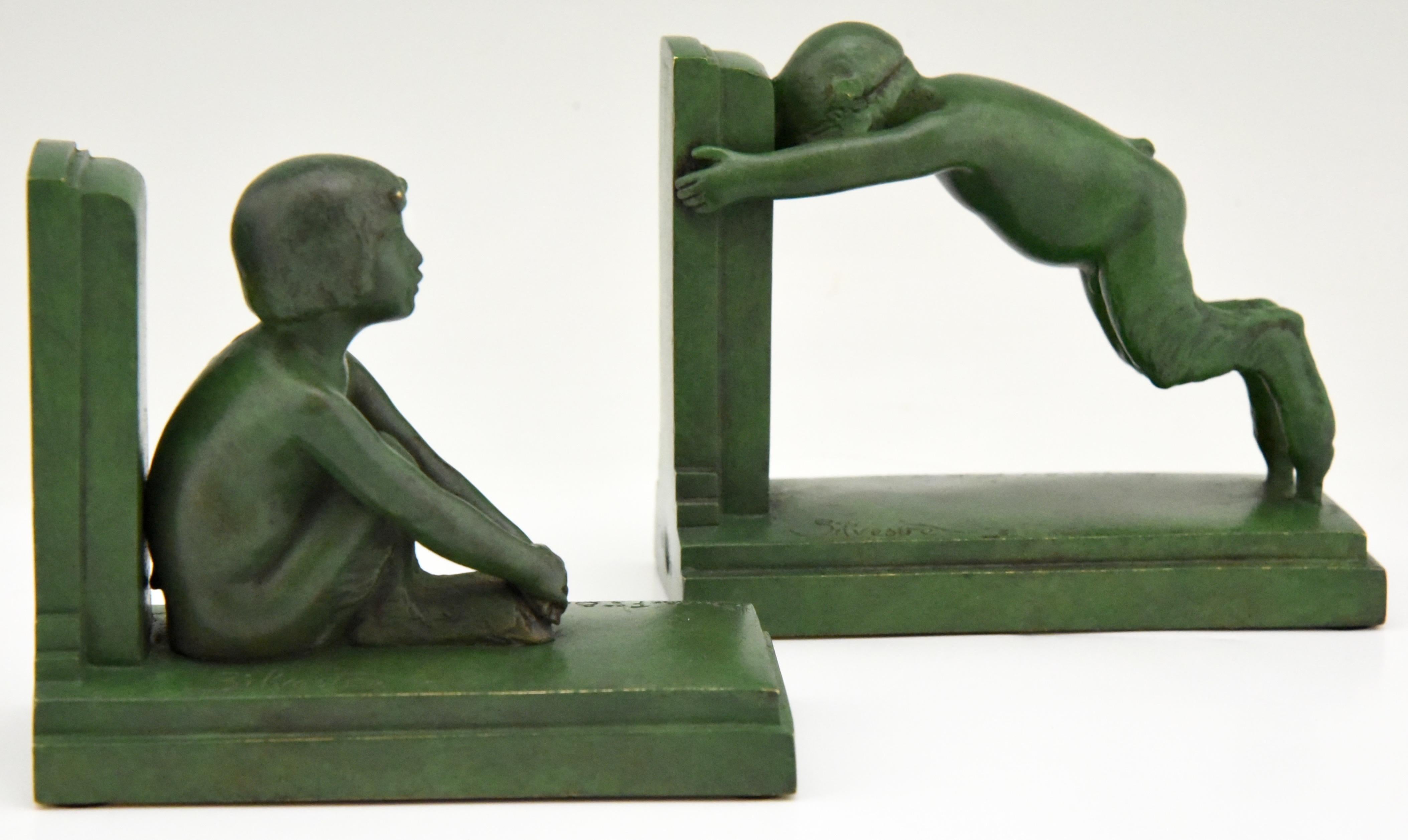 Art Deco Bronze Bookends Boy and Girl Satyr Paul Silvestre, France, 1920 3