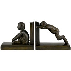 Art Deco Bronze Bookends Boy and Girl Satyr Paul Silvestre, France, 1920