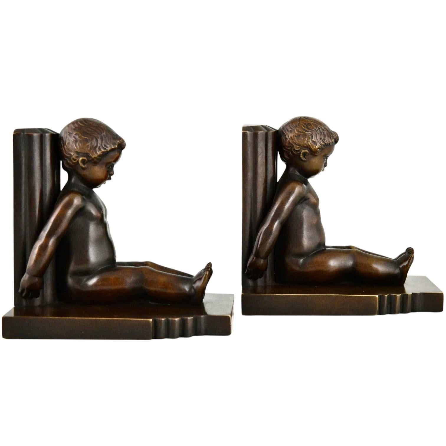 Reggilibri in bronzo Art Déco bambini Paul Silvestre e Susse Frères Francia 1920 in vendita 6