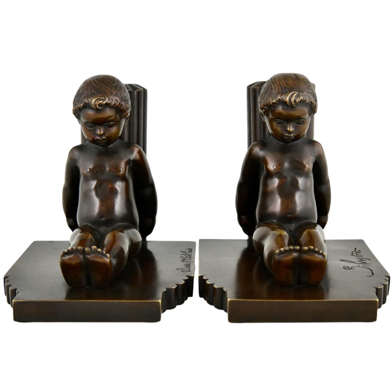 Francese Reggilibri in bronzo Art Déco bambini Paul Silvestre e Susse Frères Francia 1920 in vendita
