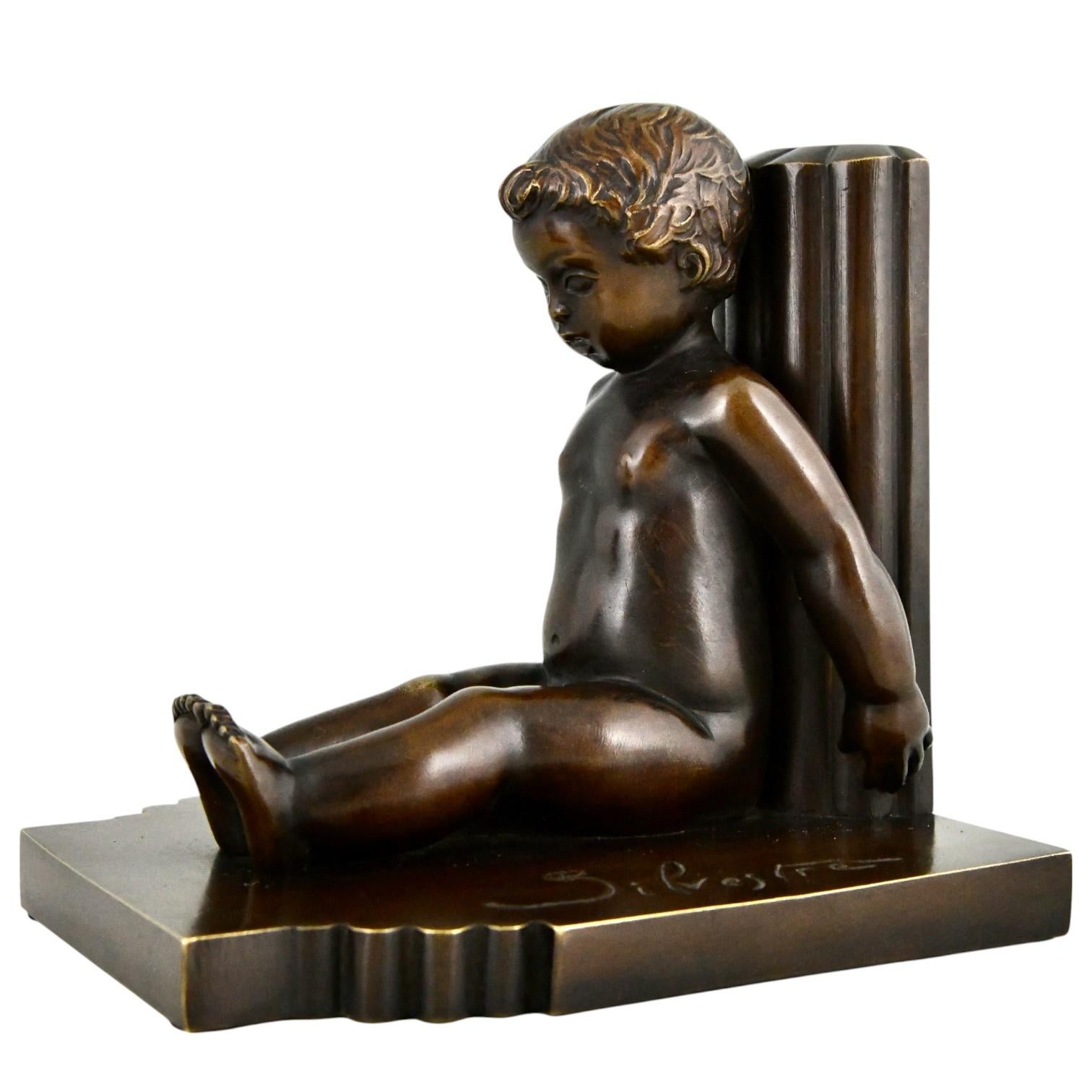 Reggilibri in bronzo Art Déco bambini Paul Silvestre e Susse Frères Francia 1920 in vendita 1