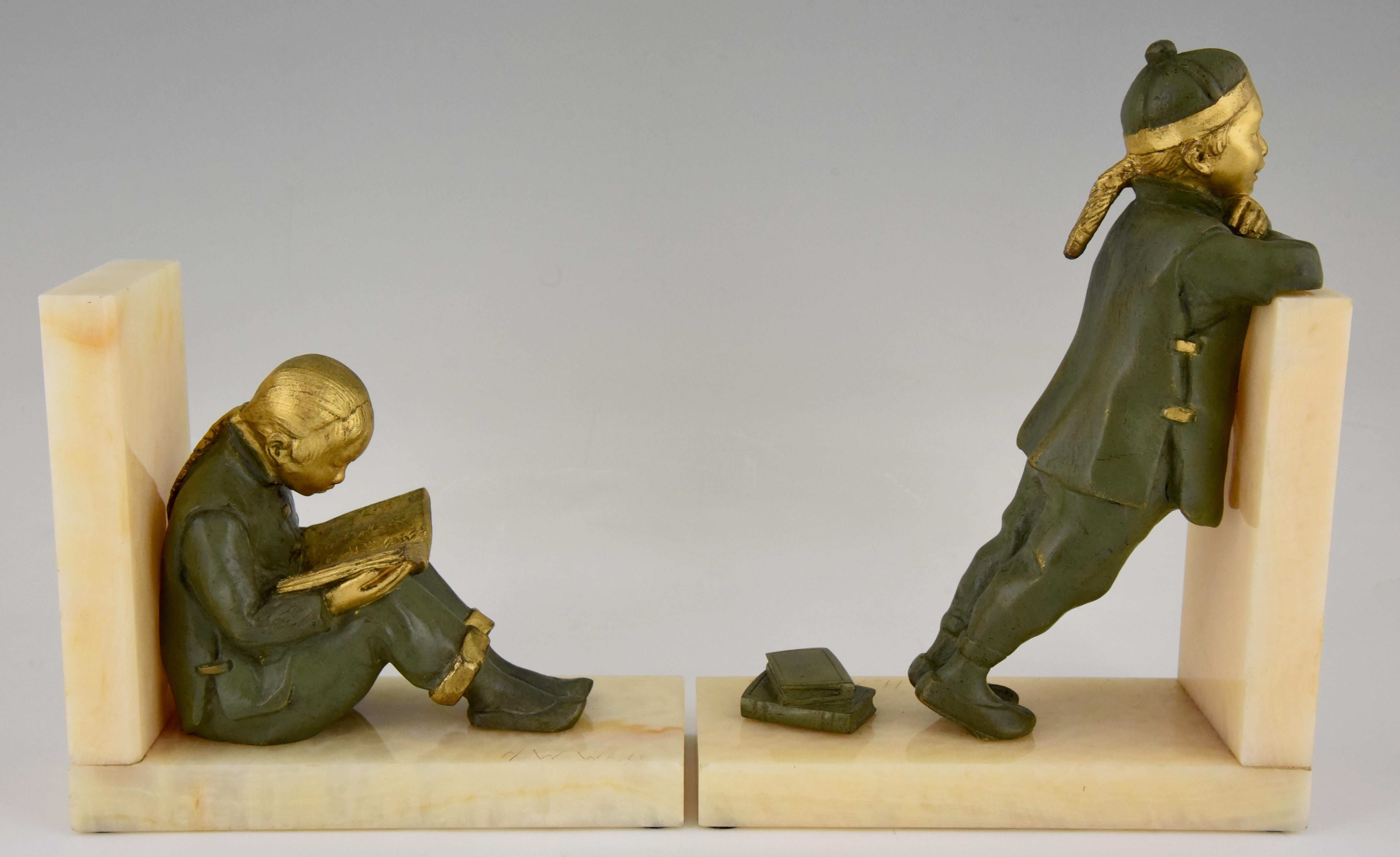 British Art Deco Bronze Bookends Chinese Children Mabel White  1925