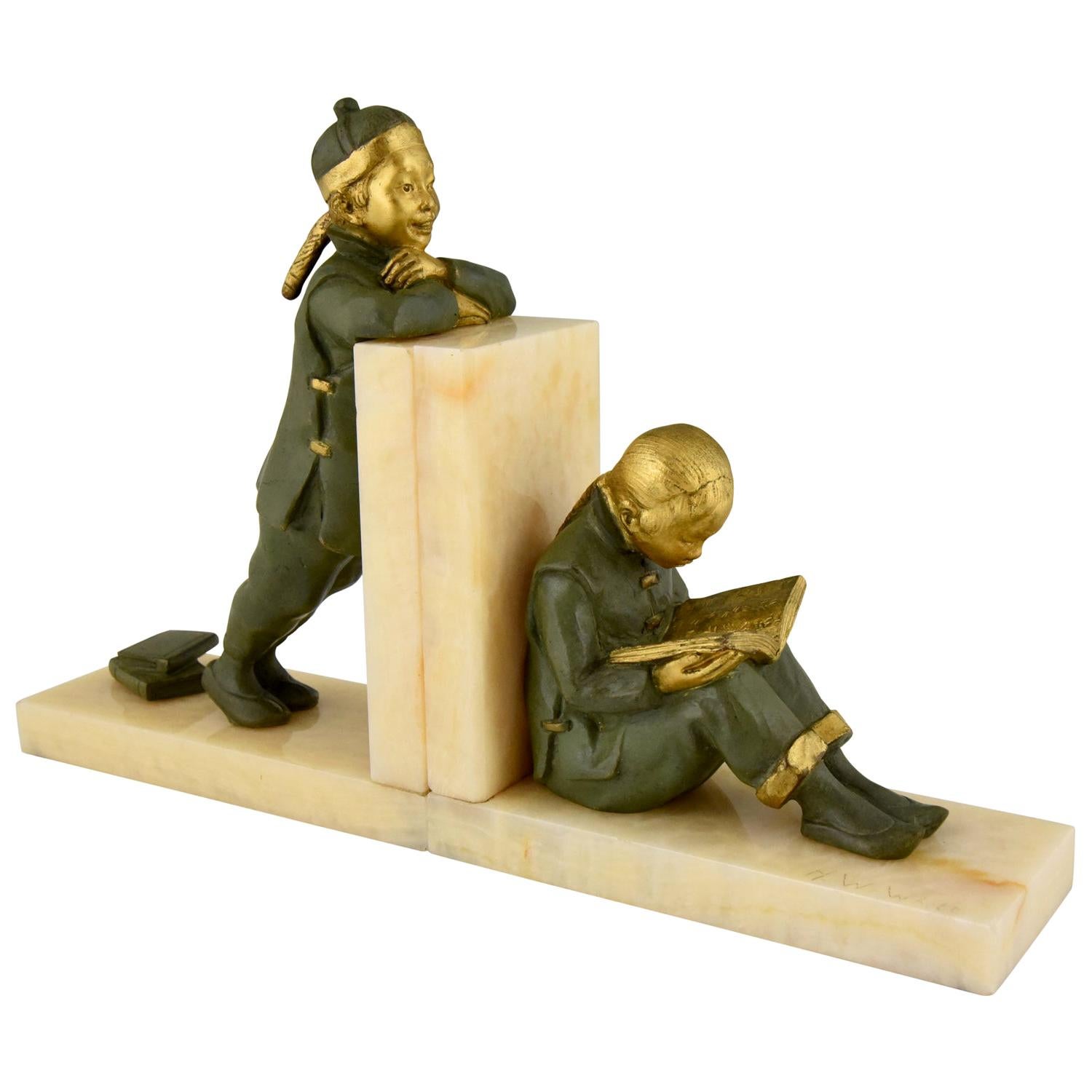 Art Deco Bronze Bookends Chinese Children Mabel White  1925