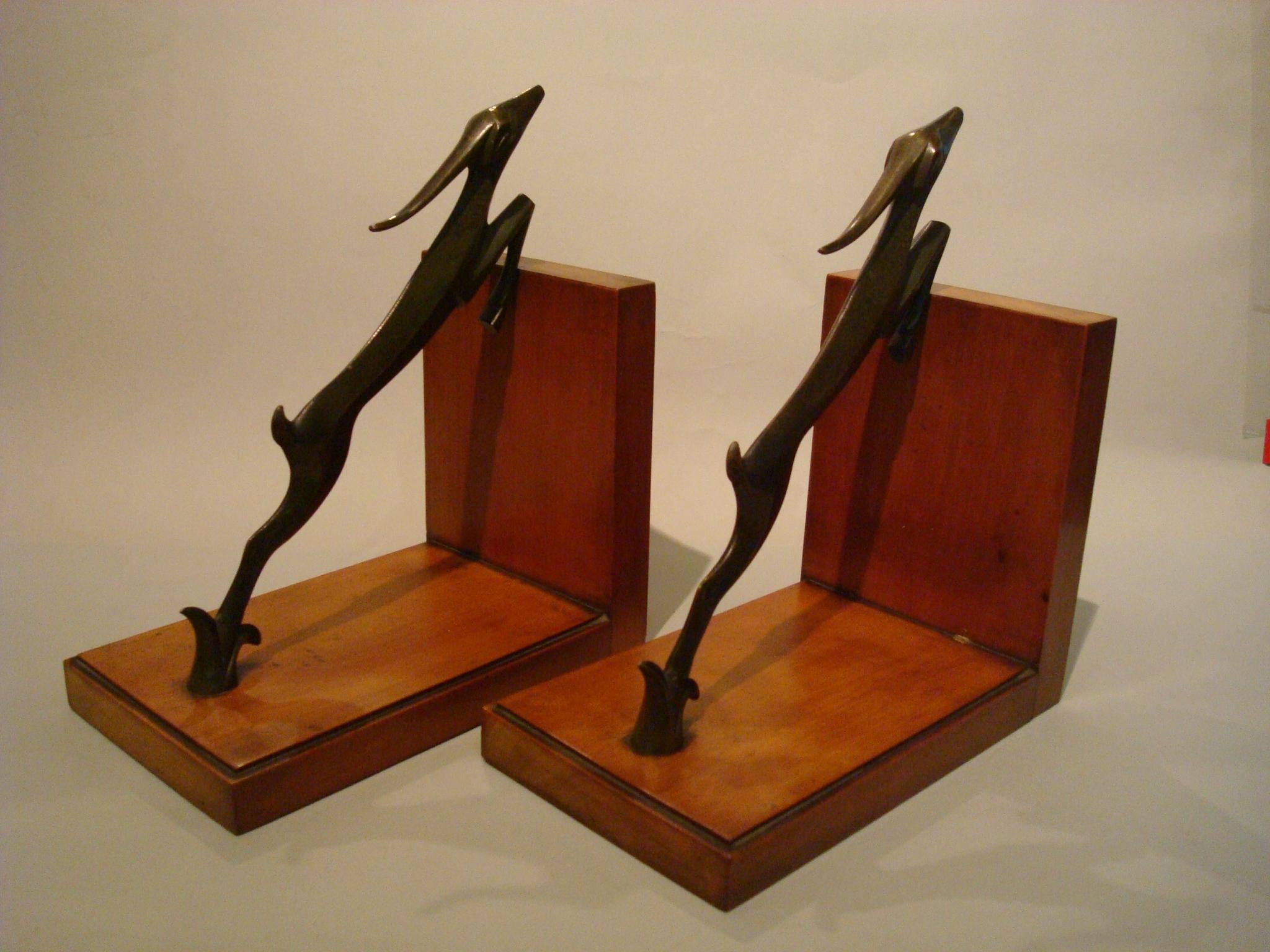 Patinated Art Deco Bronze Bookends Deer Sculpture with Wooden Base, circa 1920s For Sale