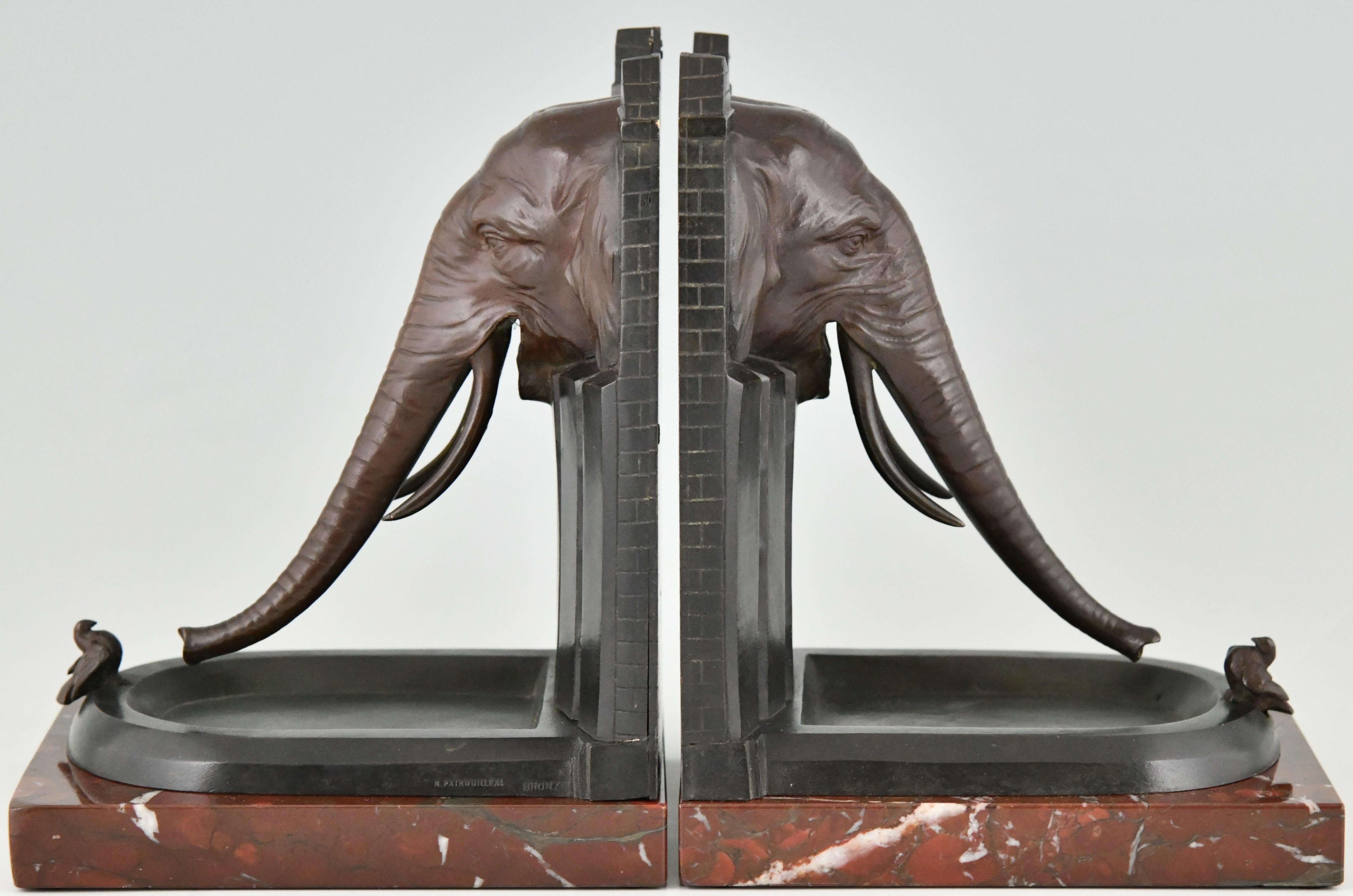 Patinated Art Deco Bronze Bookends Elephant with Bird R. Patrouilleau, 1925 For Sale