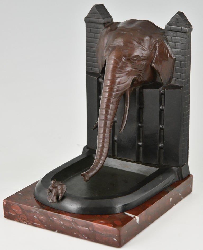 Early 20th Century Art Deco Bronze Bookends Elephant with Bird R. Patrouilleau, 1925 For Sale