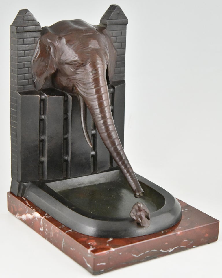 Marble Art Deco Bronze Bookends Elephant with Bird R. Patrouilleau, 1925 For Sale