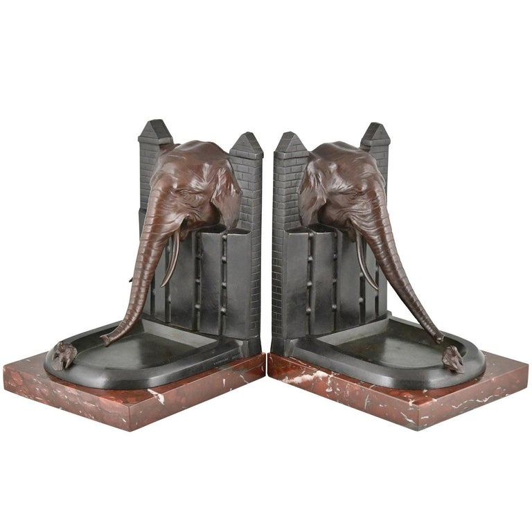 Art Deco Bronze Bookends Elephant with Bird R. Patrouilleau, 1925 For Sale