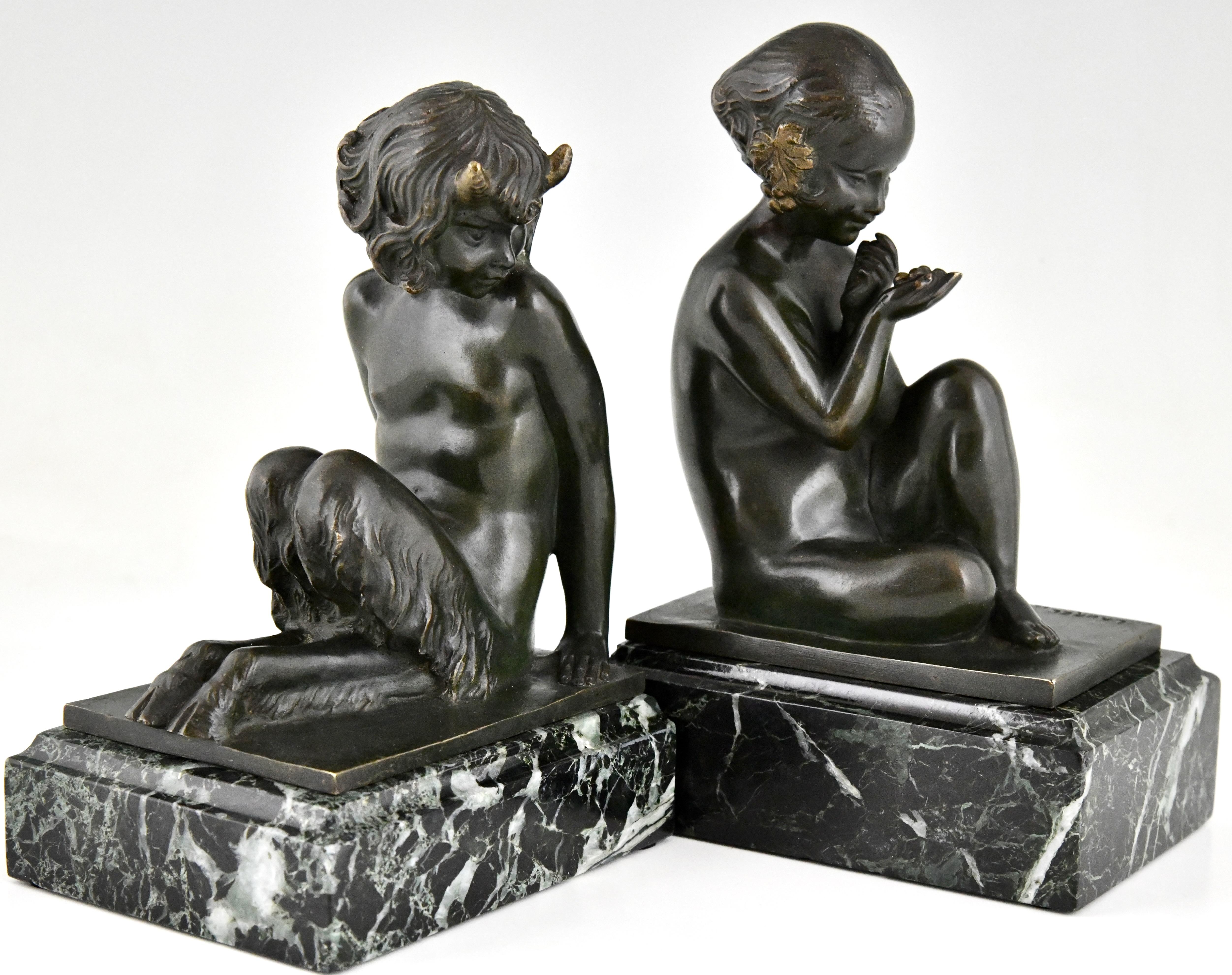 Art Deco bronze bookends faun and girl with grapes by Pierre Laurel, France 1925 For Sale 1