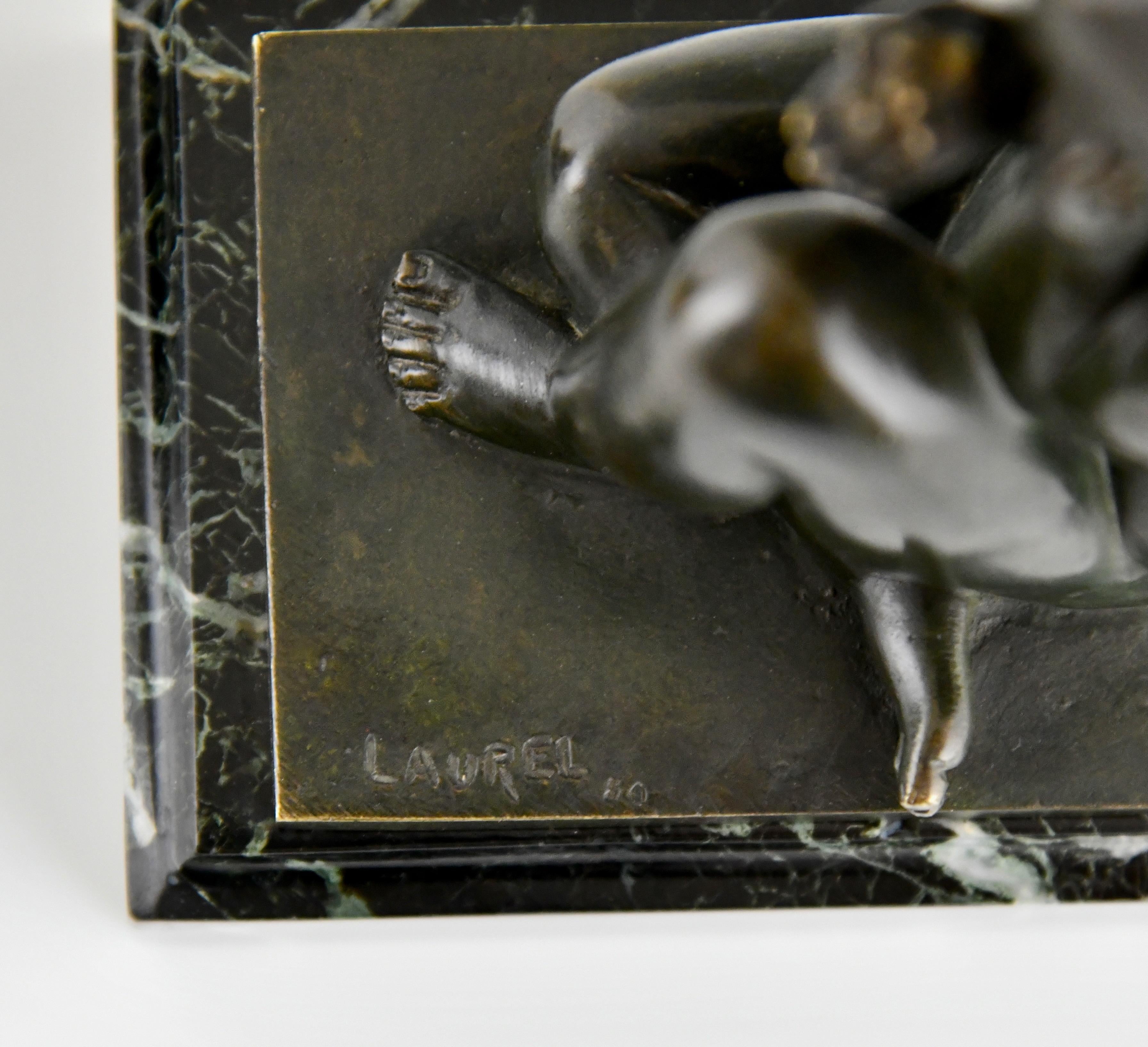 Art Deco bronze bookends faun and girl with grapes by Pierre Laurel, France 1925 For Sale 2