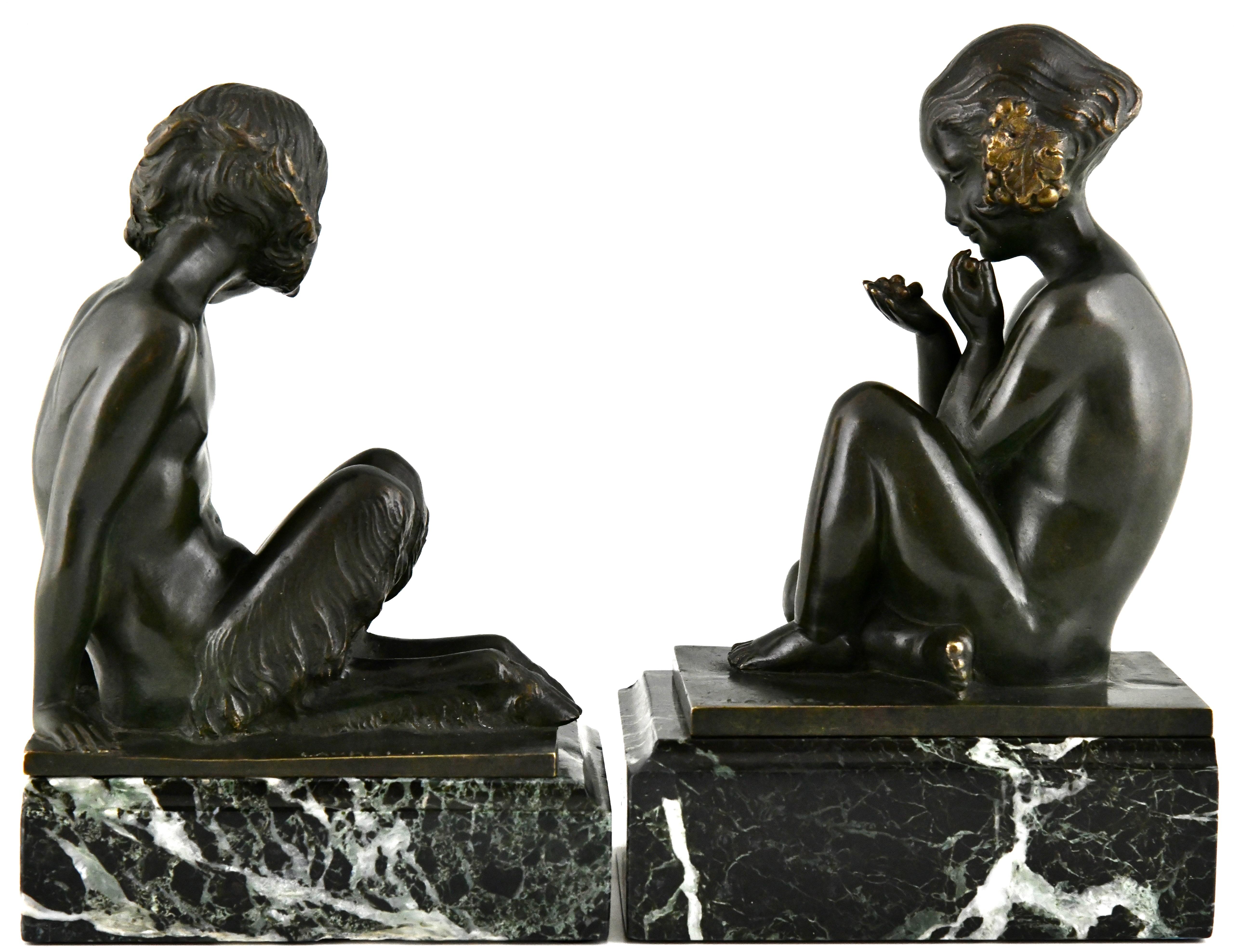 French Art Deco bronze bookends faun and girl with grapes by Pierre Laurel, France 1925 For Sale