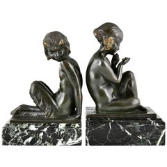 Art Deco bronze bookends faun and girl with grapes by Pierre Laurel, France 1925