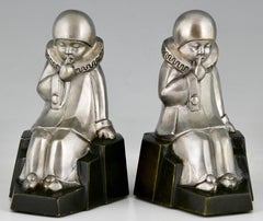Art Deco Bronze Bookends Little Pierrots by Jean de La Fontinelle 1925