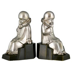 Art Deco Bronze Bookends Little Pierrots by Jean de La Fontinelle 1925