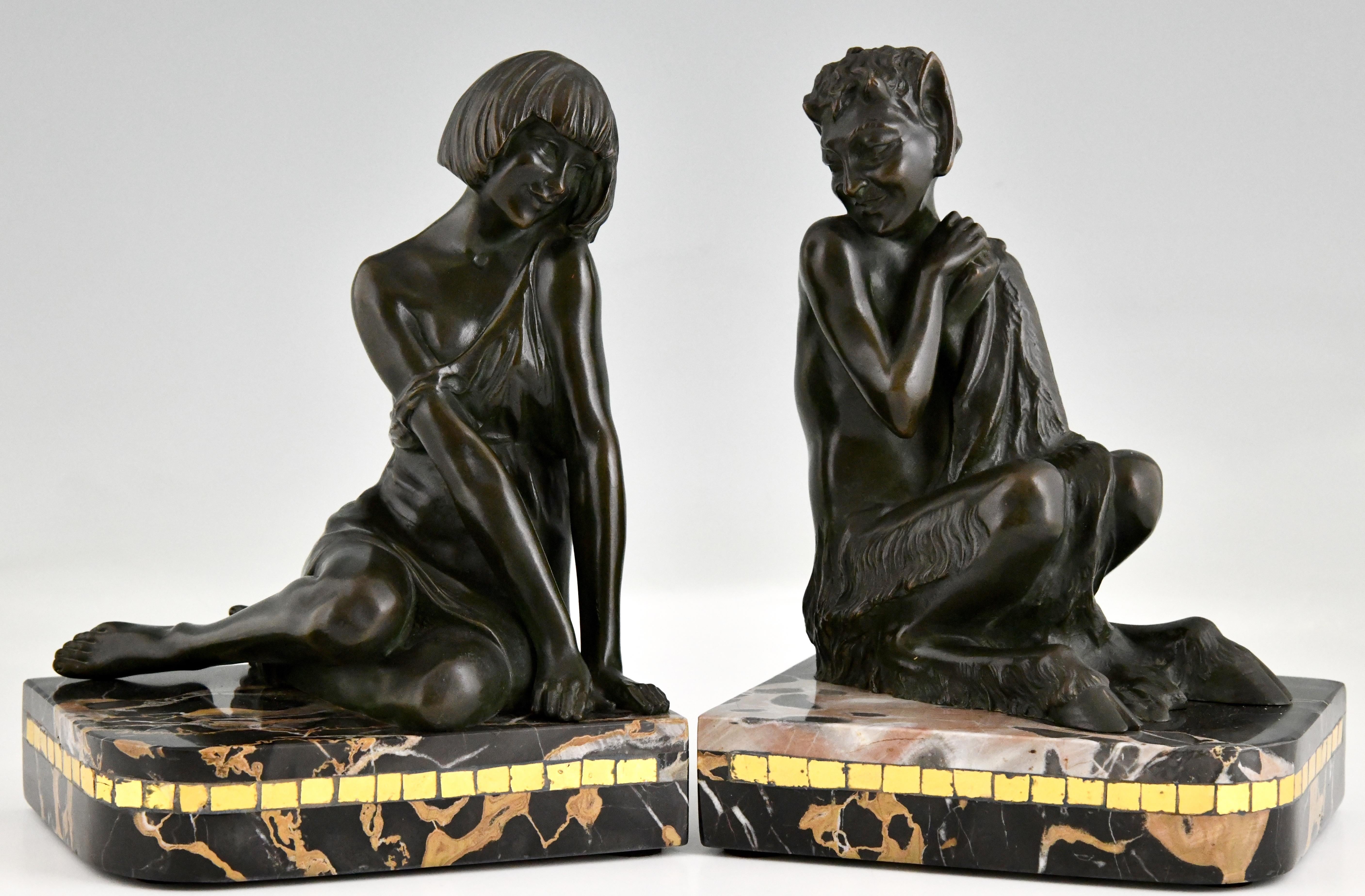 French Art Deco Bronze Bookends Nymph and Faun by Pierre Le Faguays For Sale