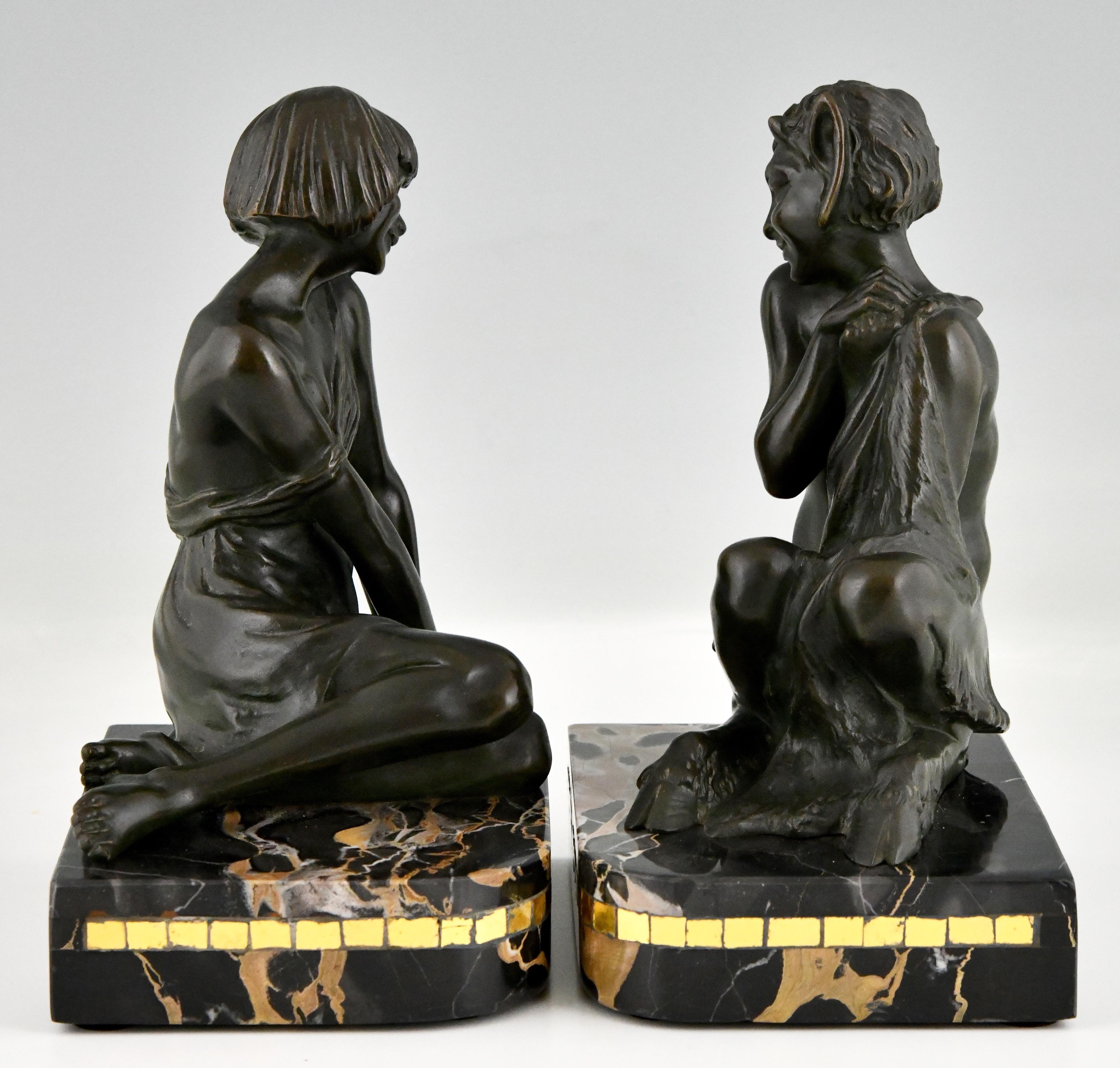 Mosaic Art Deco Bronze Bookends Nymph and Faun by Pierre Le Faguays For Sale