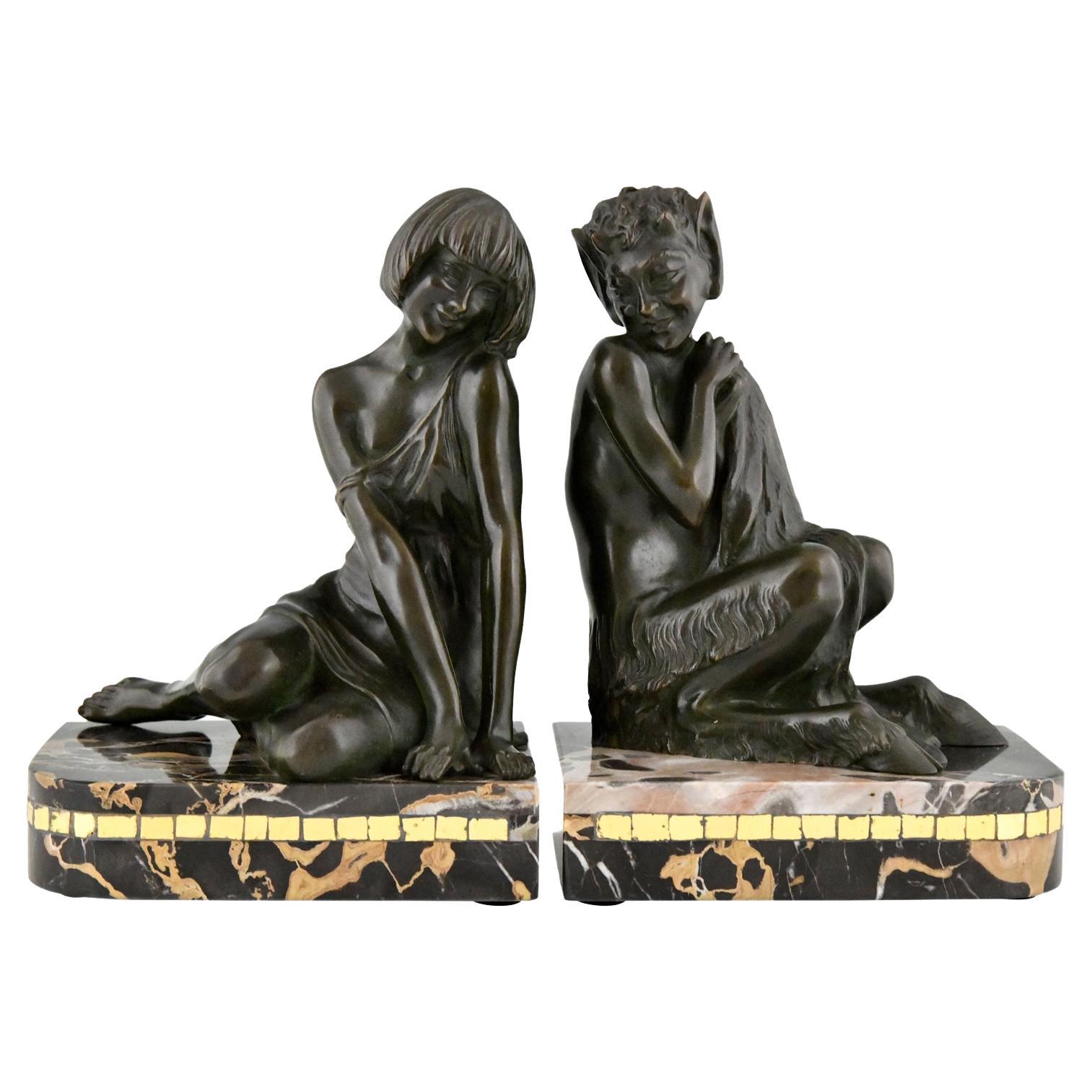 Art Deco Bronze Bookends Nymph and Faun by Pierre Le Faguays