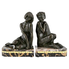 Vintage Art Deco Bronze Bookends Nymph and Faun by Pierre Le Faguays