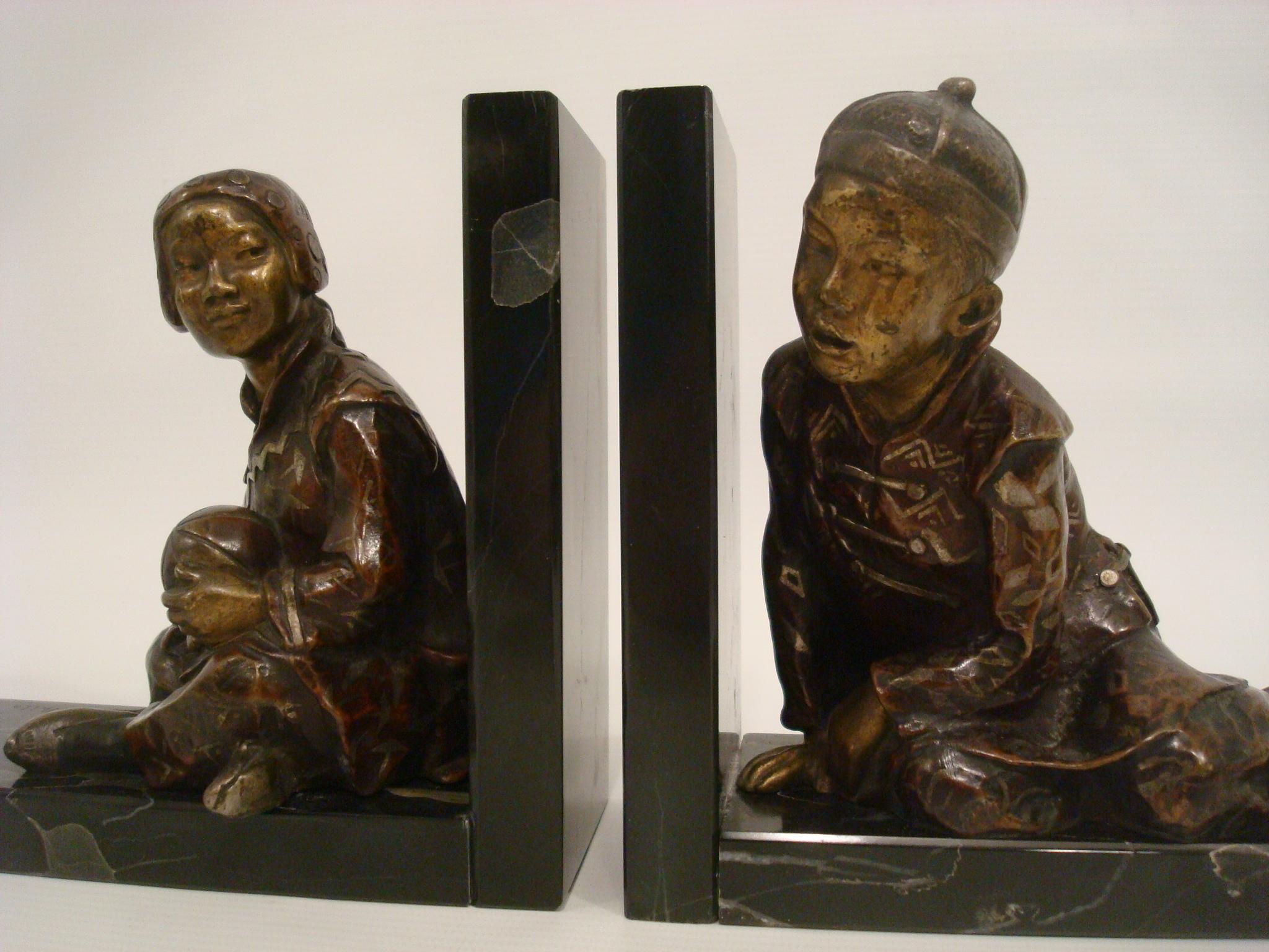 Art Deco Bronze Bookends of Chinese Children Playing by M. White, England, 1920 For Sale 5