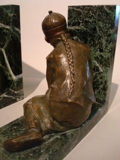 Art Deco Bronze Bookends of Chinese Children Playing by M. White, England, 1920