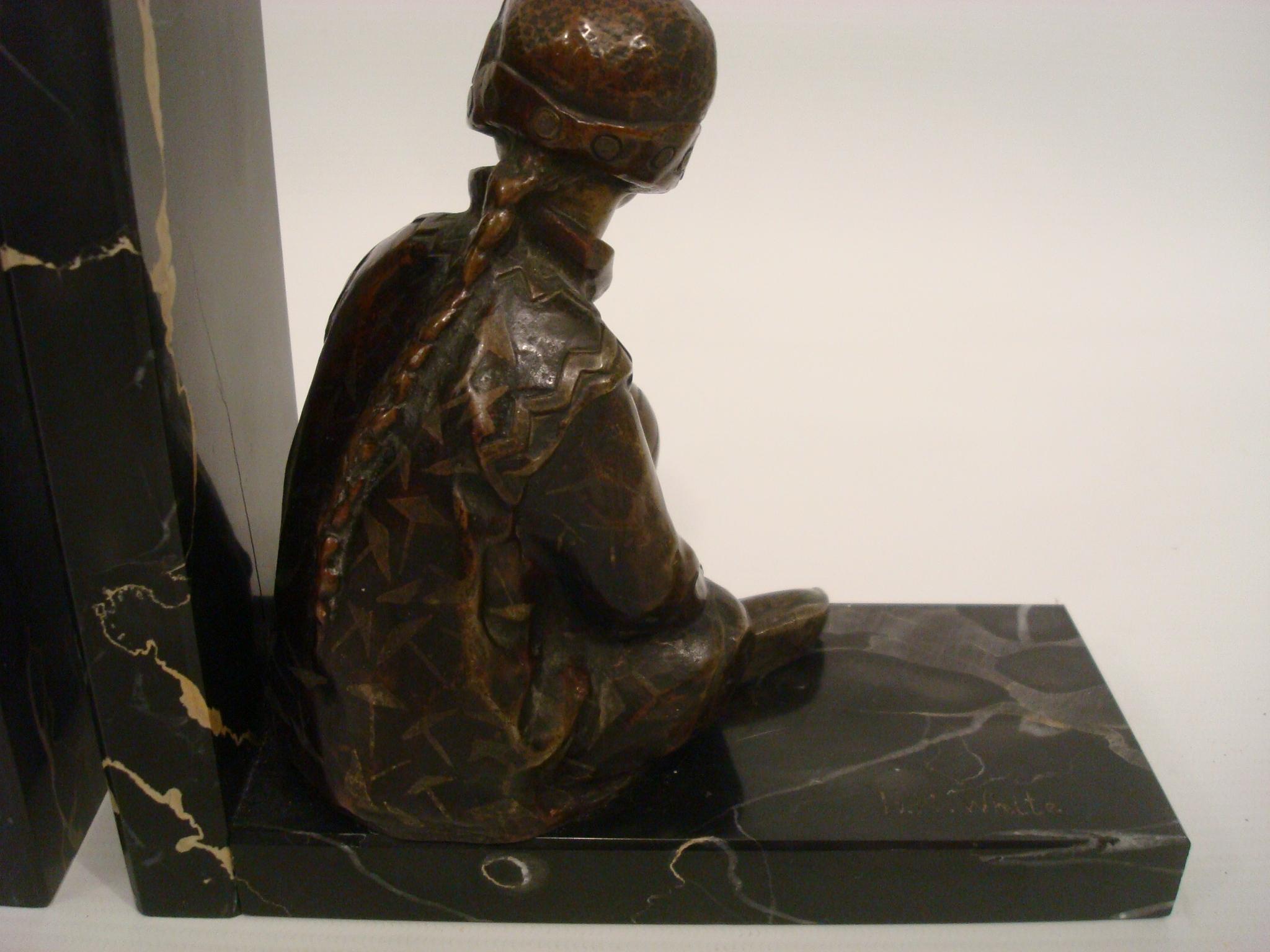 English Art Deco Bronze Bookends of Chinese Children Playing by M. White, England, 1920 For Sale