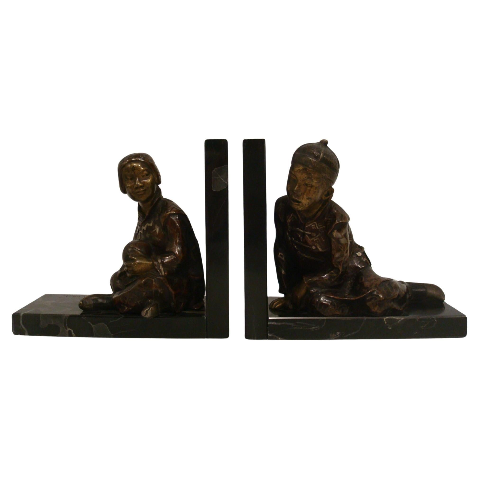 Art Deco Bronze Bookends of Chinese Children Playing by M. White, England, 1920