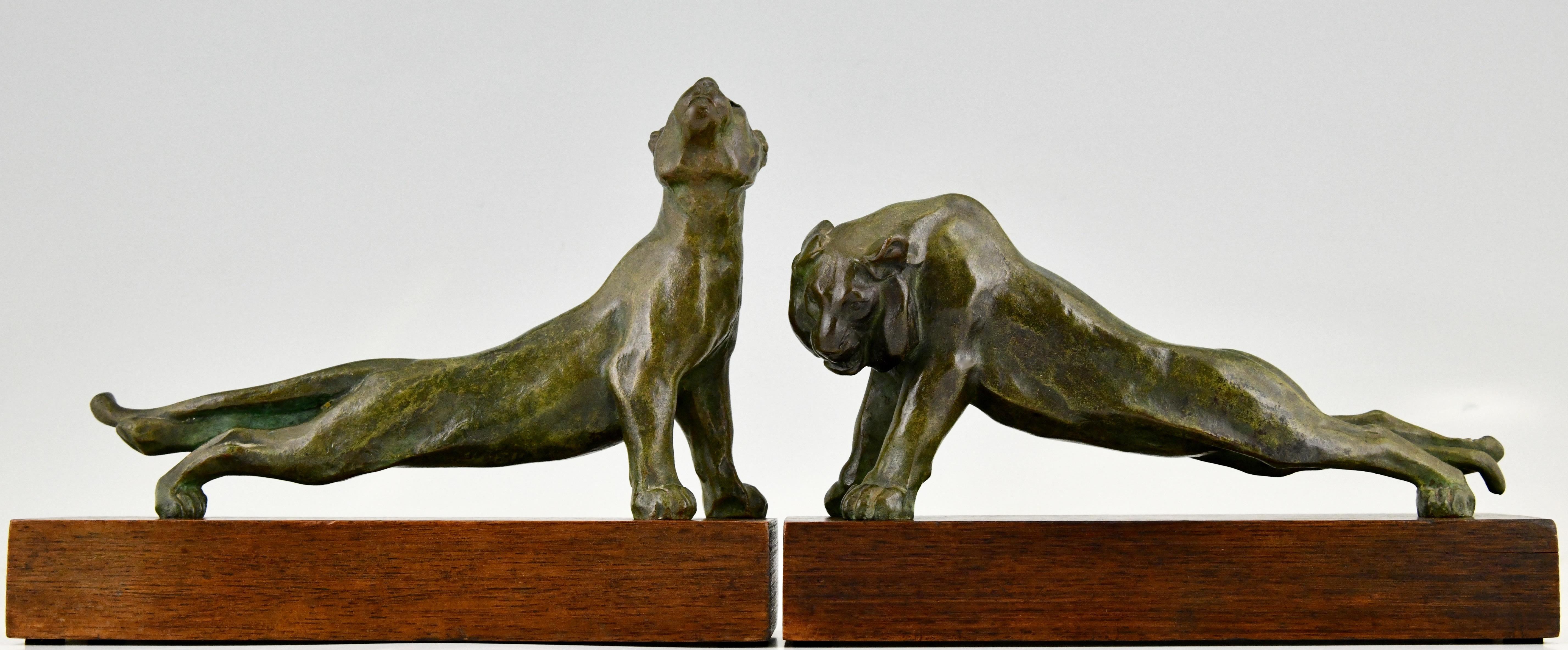 Art Deco bronze bookends panther and tiger by Oscar Waldmann Patinated bronze on wooden base. Signed on the base. circa 1925. Oscar Waldmann is a Swiss artist who worked in France.
This pair is illustrated in
Art Deco and other figures, Brian
