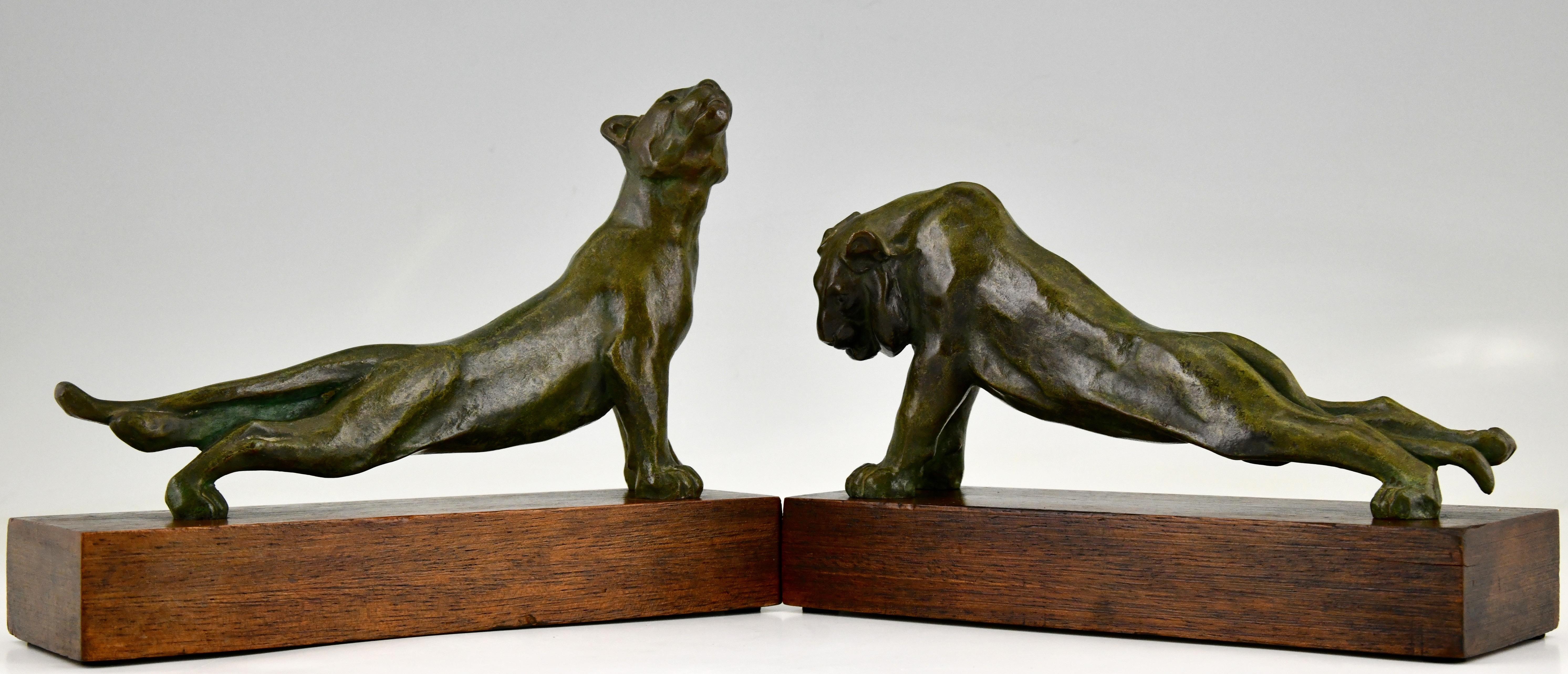 Swiss Art Deco Bronze Bookends Panther and Tiger by Oscar Waldmann, 1925