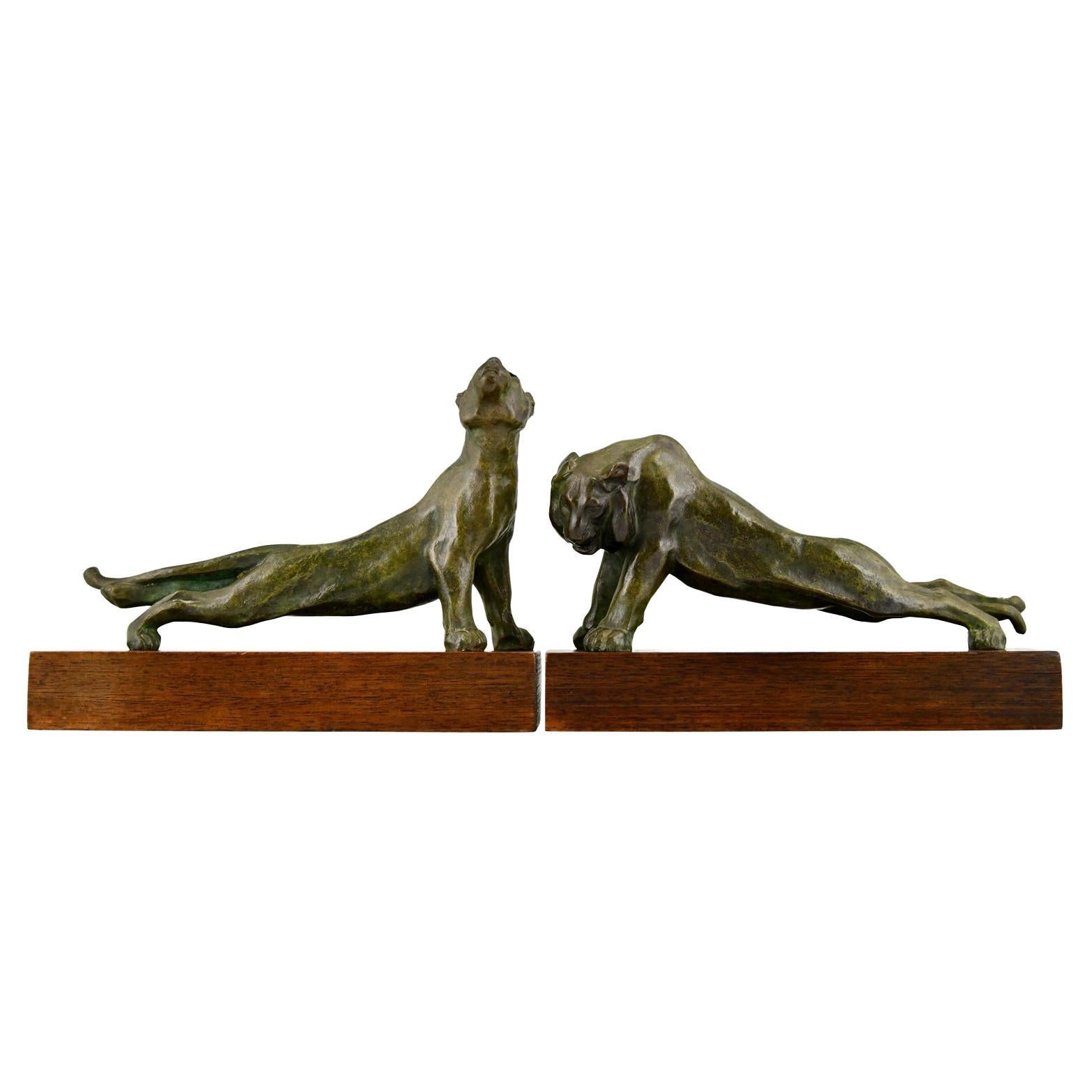 Bronze-Buchstützen-Panther und Tiger im Art déco-Stil von Oscar Waldmann, 1925