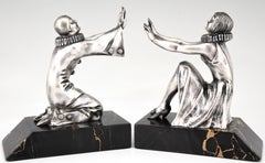 Art Deco Bronze Bookends Pierrot and Female Clown by Limousin, France, 1930