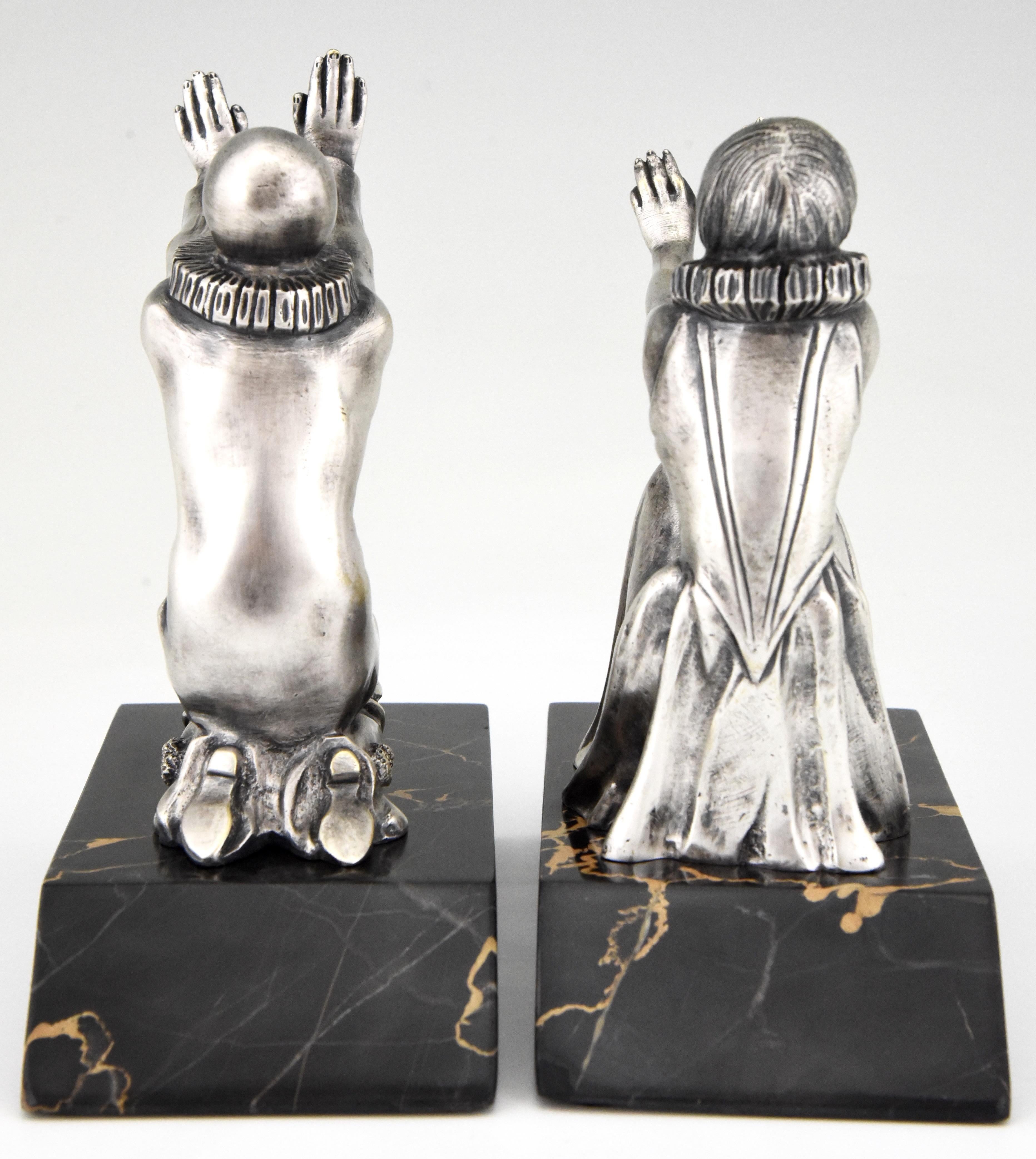 French Art Deco Bronze Bookends Pierrot and Female Clown by Limousin, France, 1930