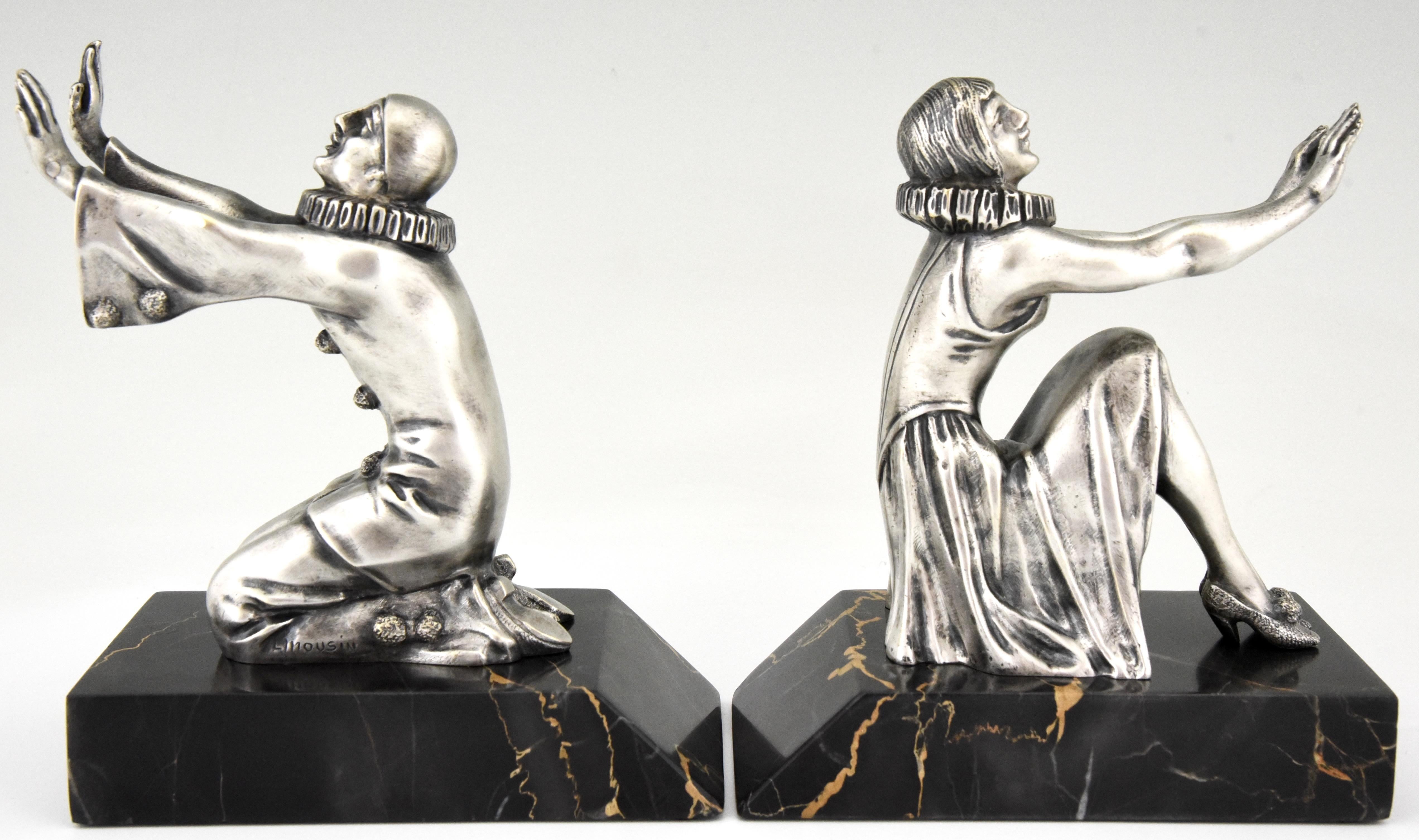 Silvered Art Deco Bronze Bookends Pierrot and Female Clown by Limousin, France, 1930