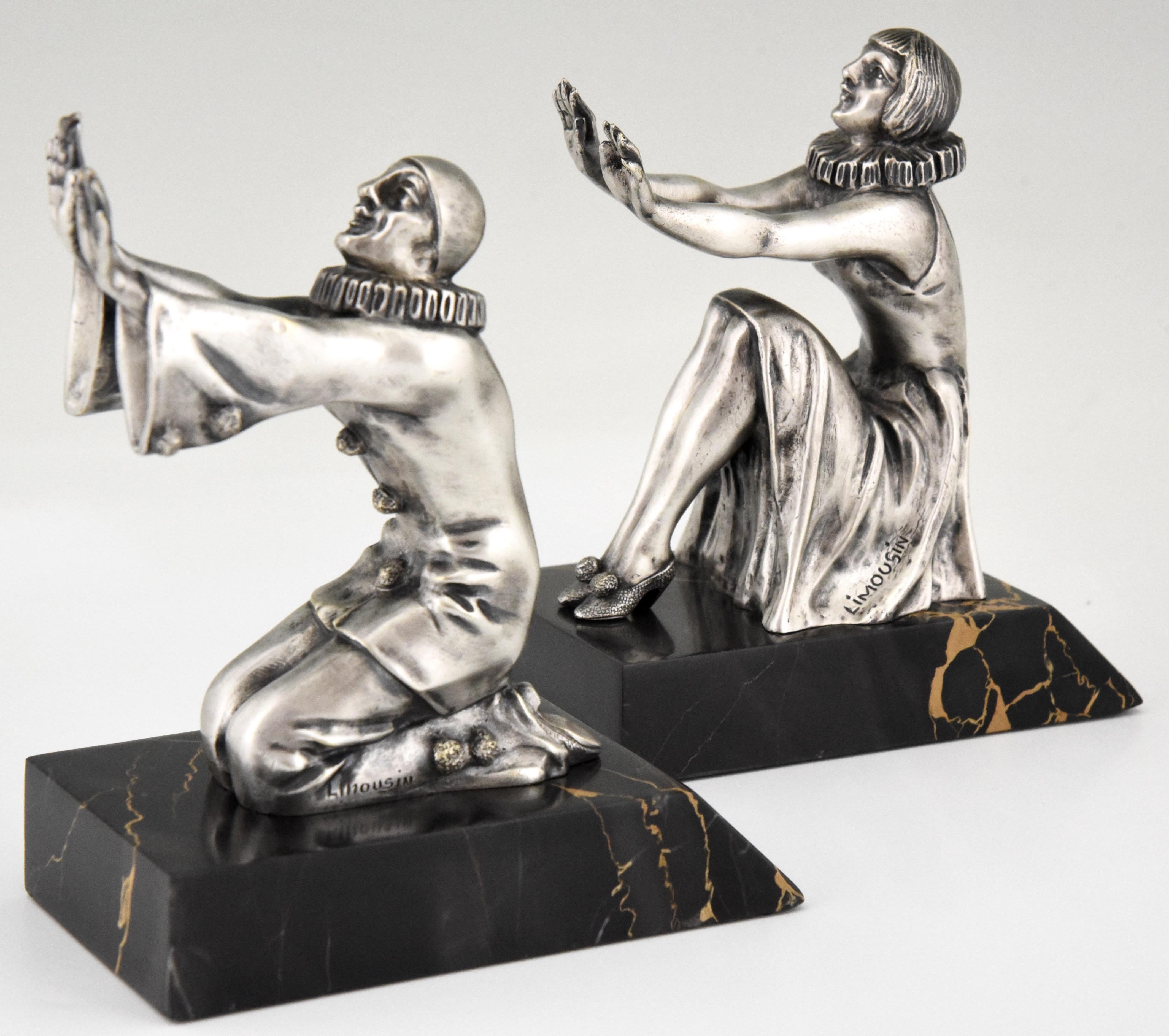 Art Deco Bronze Bookends Pierrot and Female Clown by Limousin, France, 1930 3