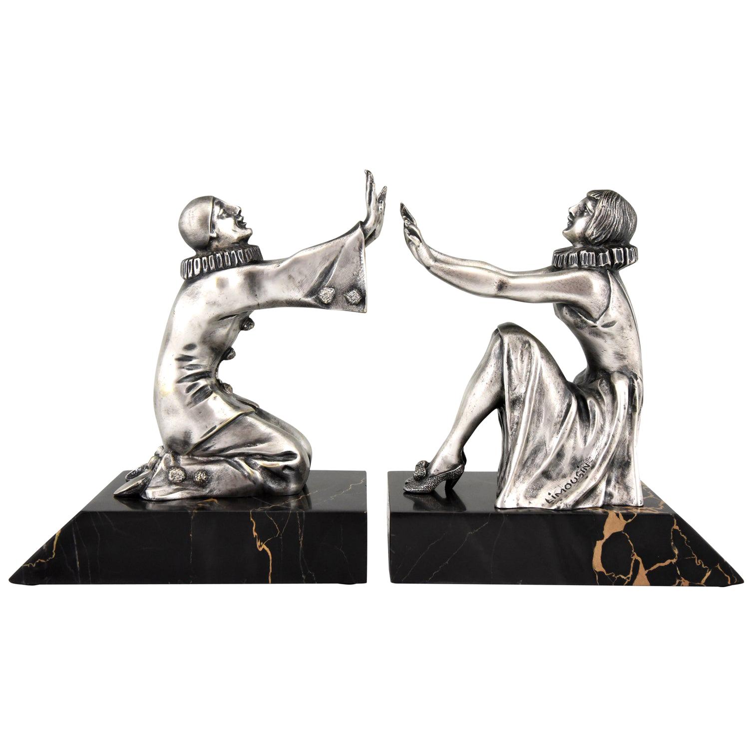 Art Deco Bronze Bookends Pierrot and Female Clown by Limousin, France, 1930