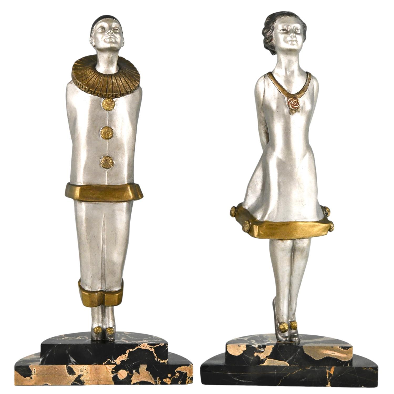 French Art Deco bronze bookends pierrot and girl  FLIRT by Marcel Bouraine France 1925