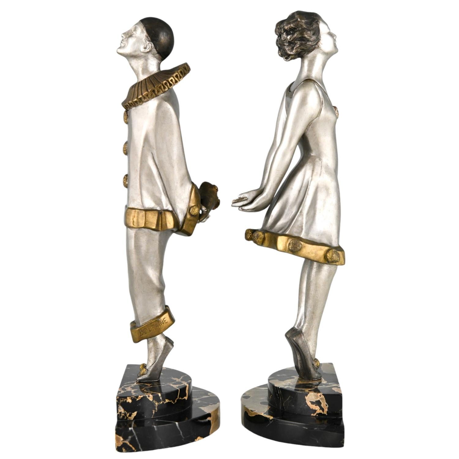 Patinated Art Deco bronze bookends pierrot and girl  FLIRT by Marcel Bouraine France 1925