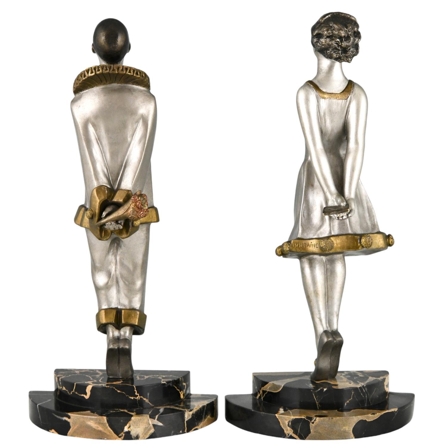 Art Deco bronze bookends pierrot and girl  FLIRT by Marcel Bouraine France 1925 In Good Condition In Antwerp, BE