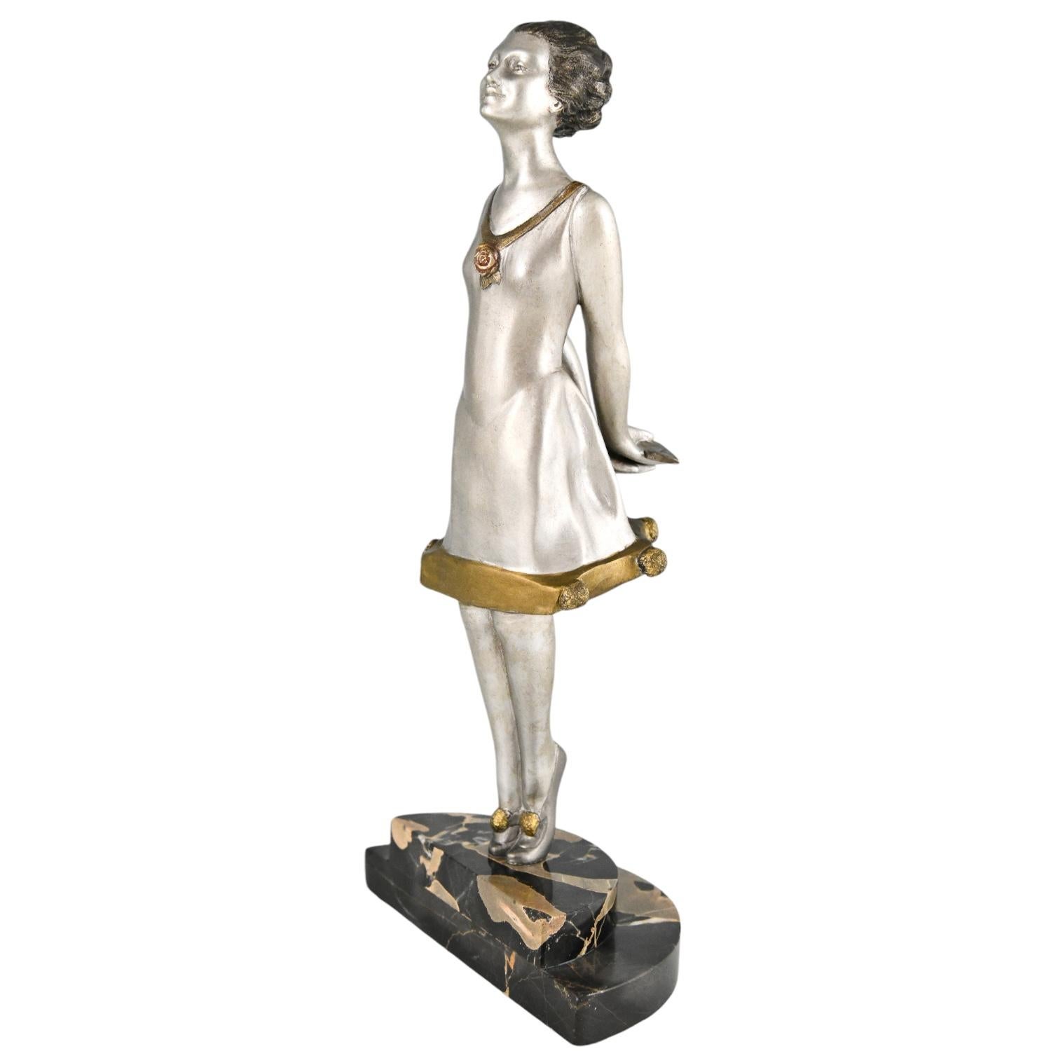 Bronze Art Deco bronze bookends pierrot and girl  FLIRT by Marcel Bouraine France 1925