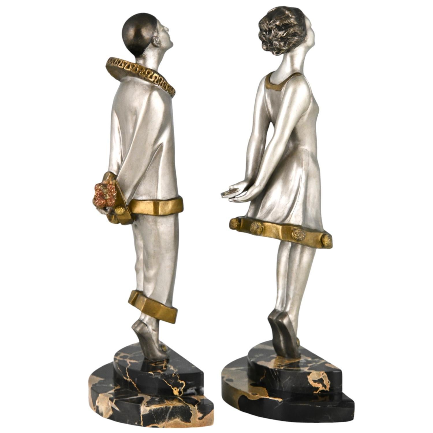 Art Deco bronze bookends pierrot and girl  FLIRT by Marcel Bouraine France 1925 1