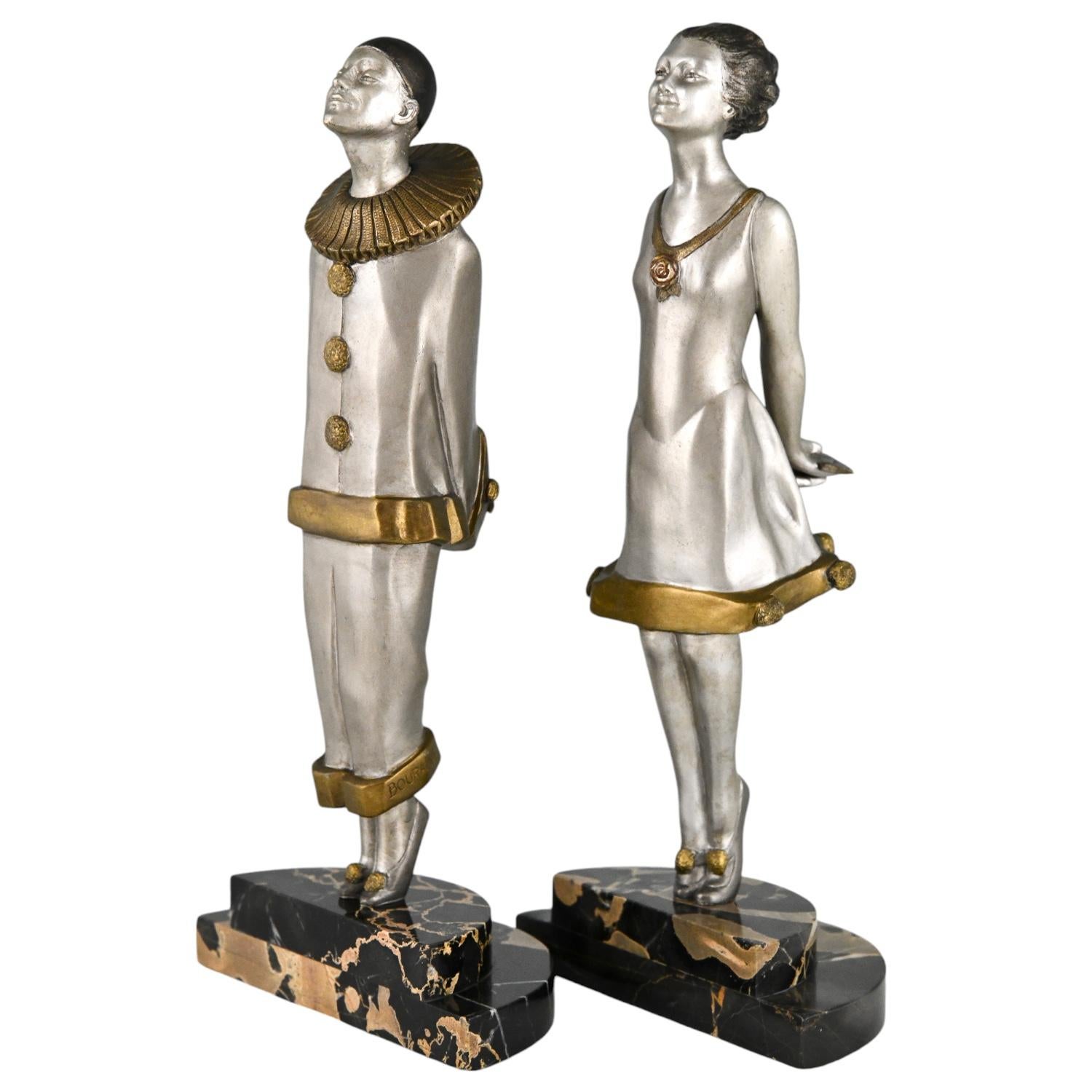 Art Deco bronze bookends pierrot and girl  FLIRT by Marcel Bouraine France 1925 2