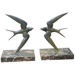 Art Deco Bronze Bookends “Swallows” by Georges Garreau