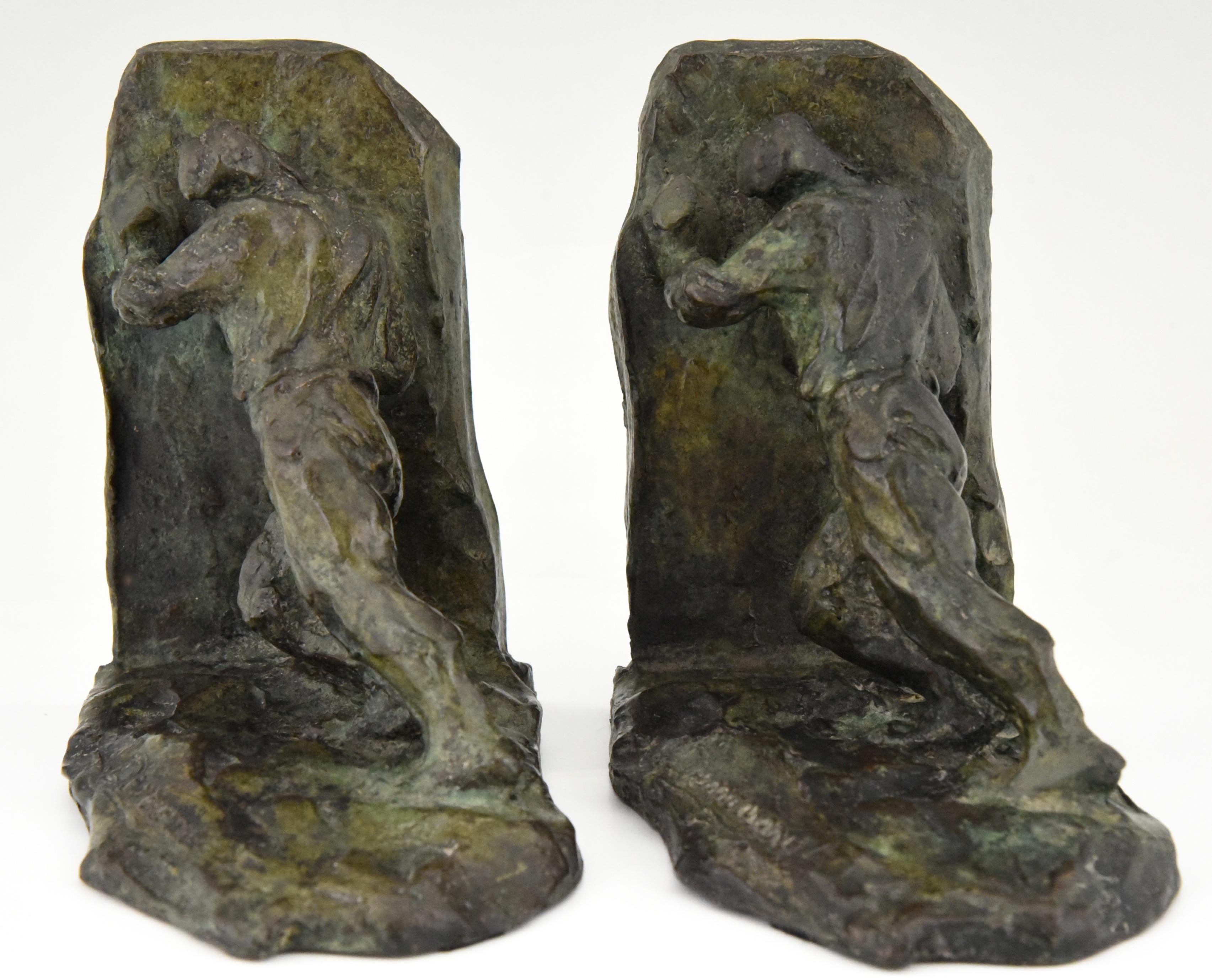 French Art Deco Bronze Bookends Two Men Pushing Victor Demanet 1925 France