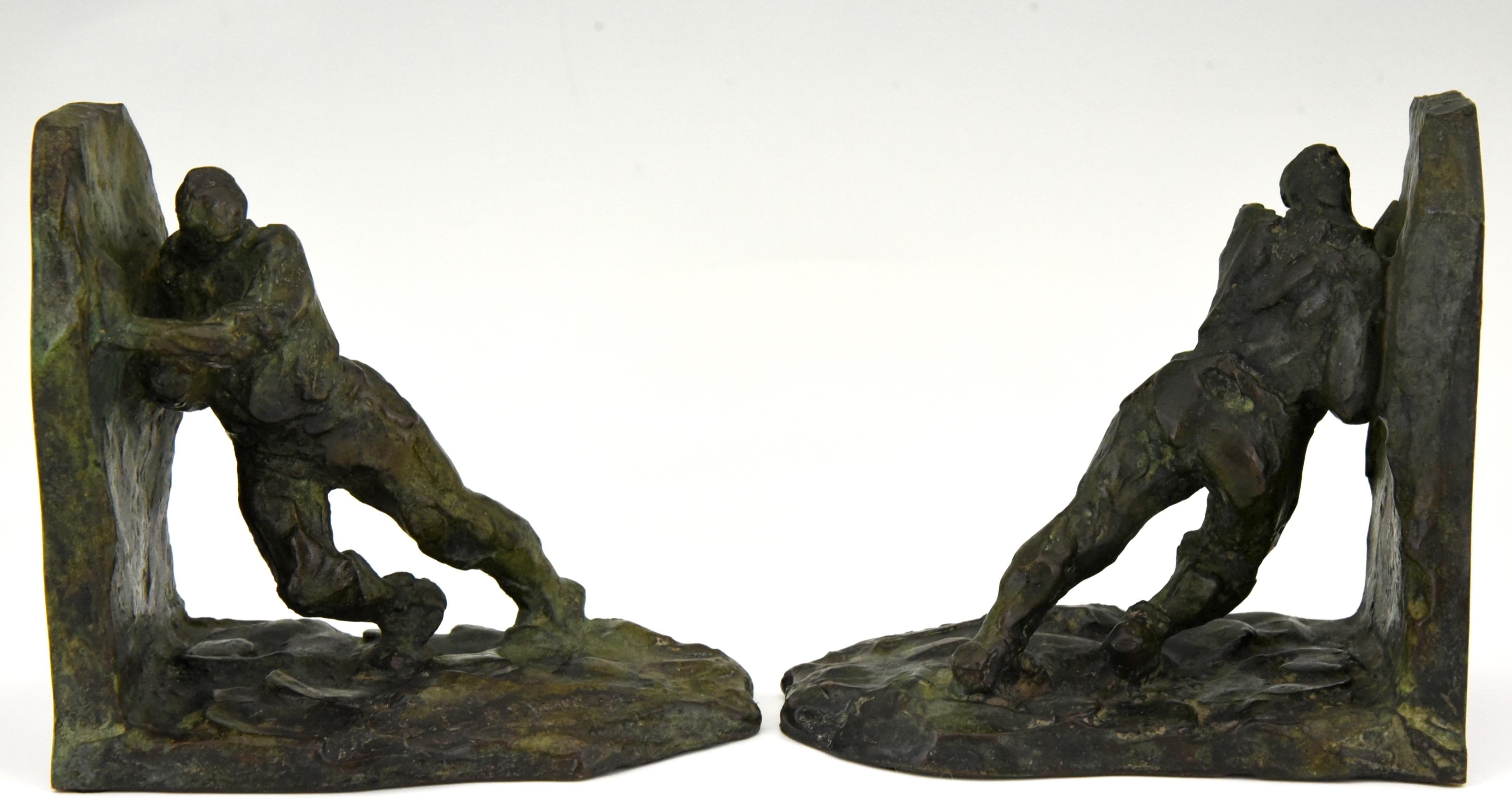 Patinated Art Deco Bronze Bookends Two Men Pushing Victor Demanet 1925 France