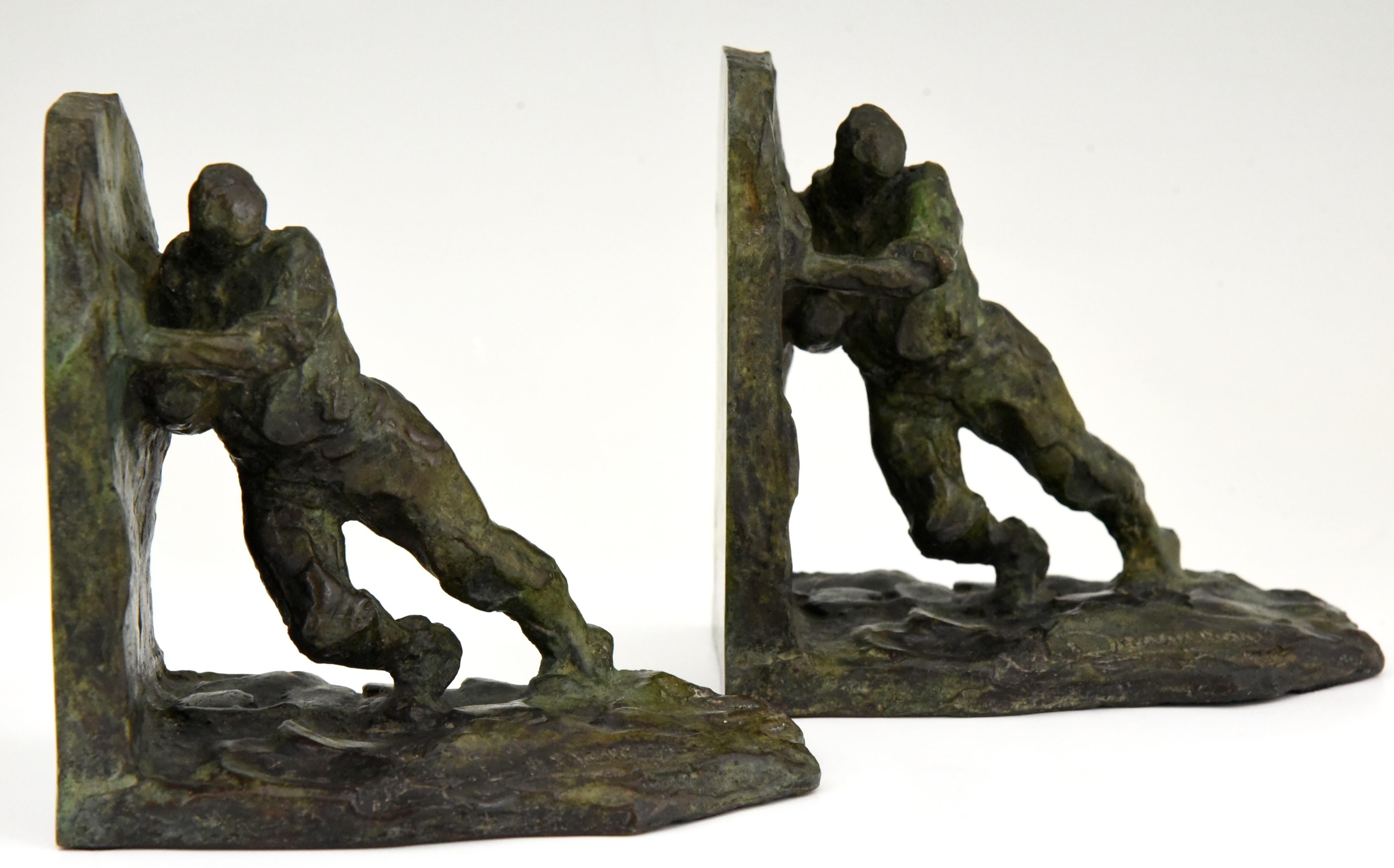 Early 20th Century Art Deco Bronze Bookends Two Men Pushing Victor Demanet 1925 France