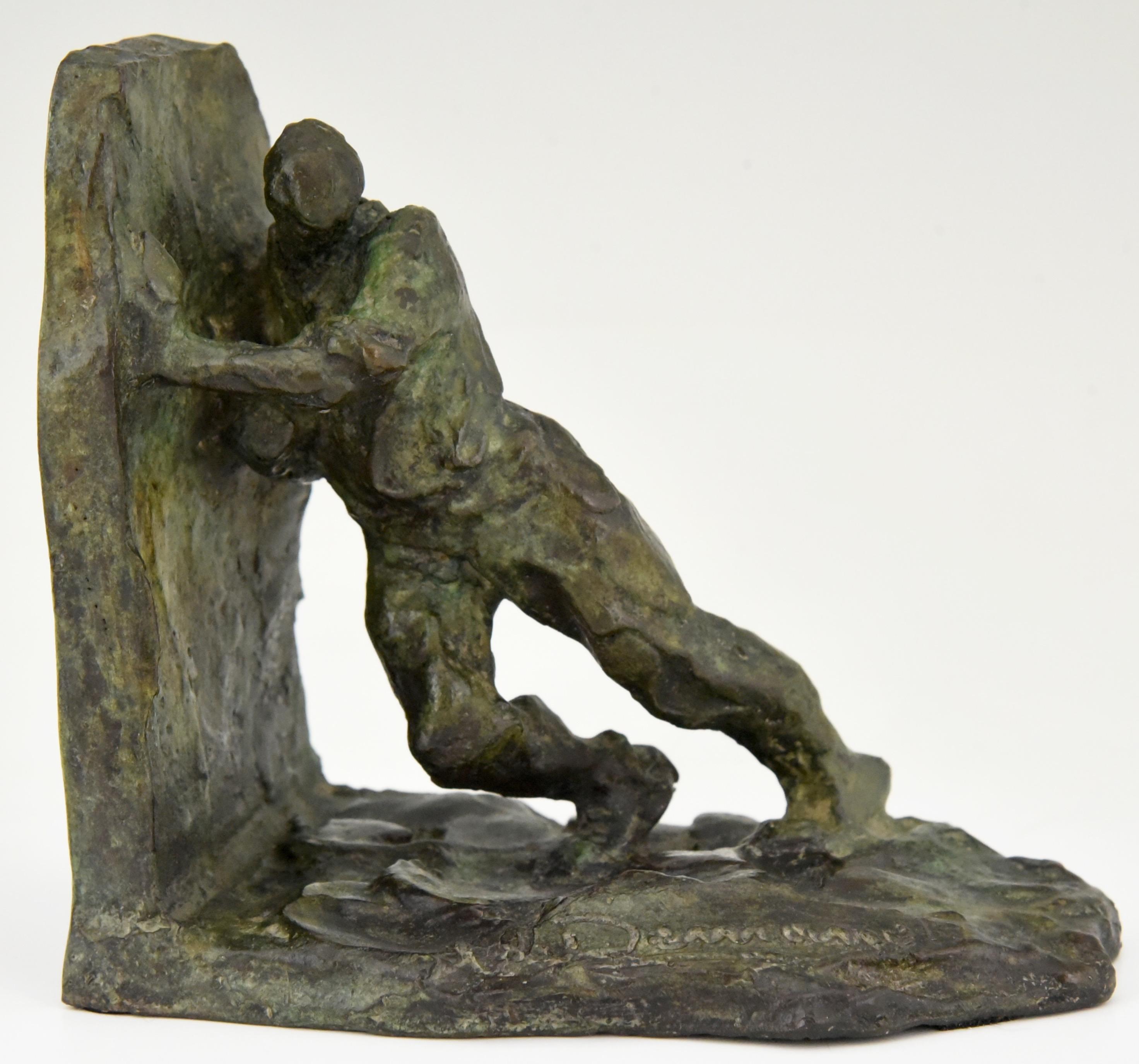 Art Deco Bronze Bookends Two Men Pushing Victor Demanet 1925 France 1