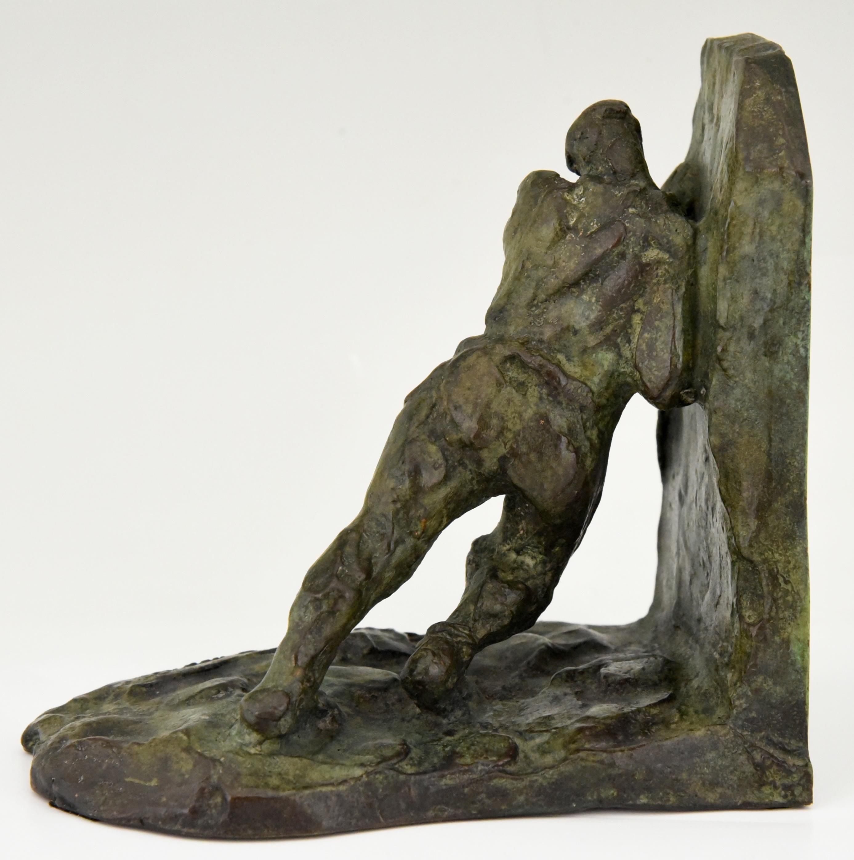 Art Deco Bronze Bookends Two Men Pushing Victor Demanet 1925 France 2