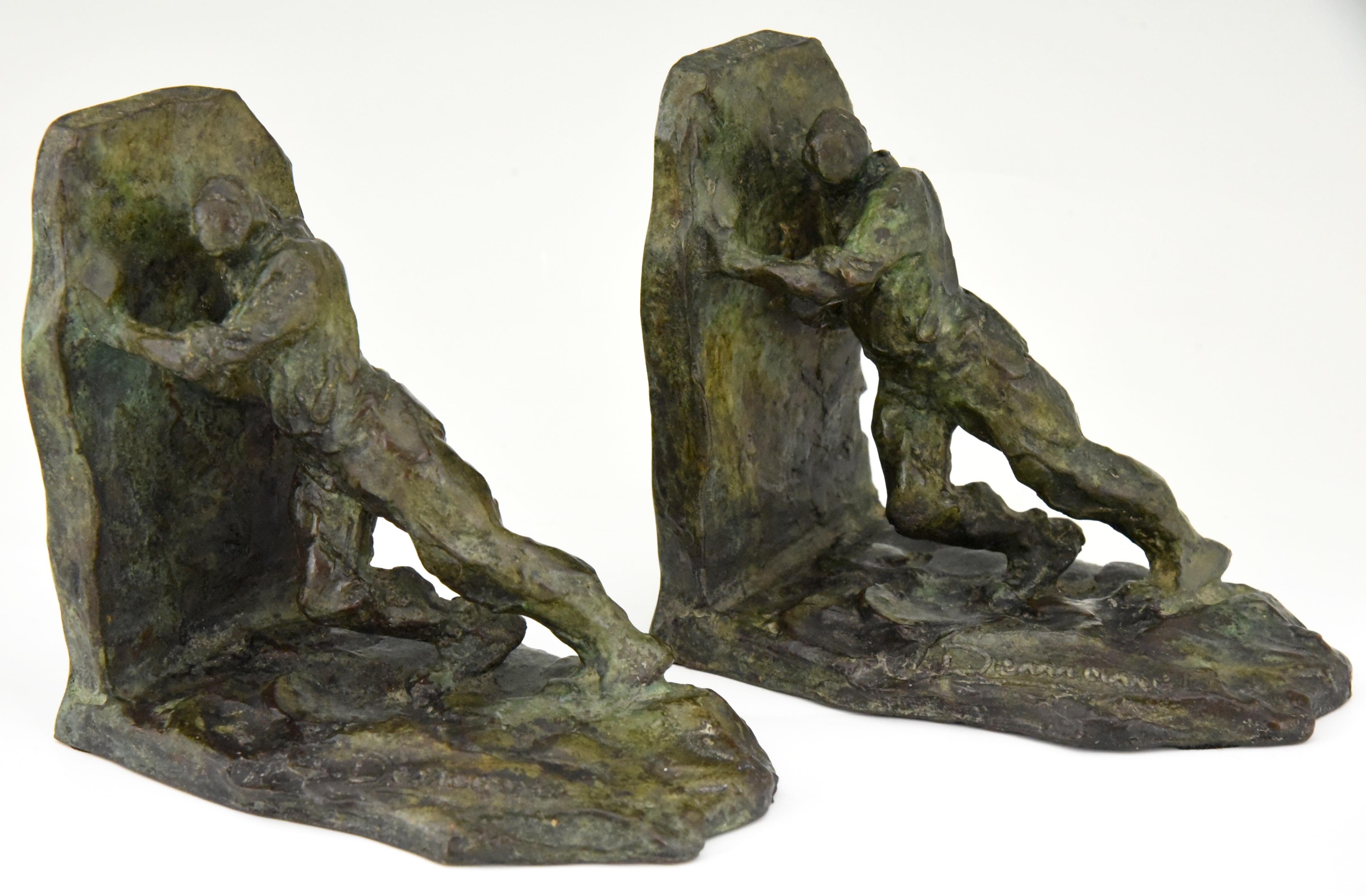 Art Deco Bronze Bookends Two Men Pushing Victor Demanet 1925 France 3